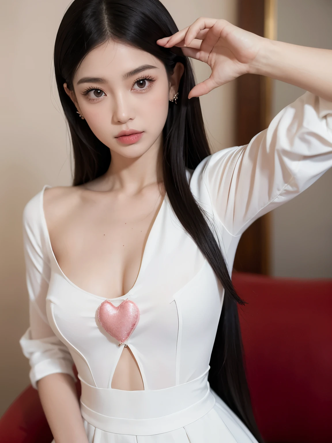 Kim jennie con el cabello negro oscuro, con rulos en las puntas del cabello negro oscuro, con un ganchito de estrella en el cabello negro oscuro, ojos de color claro, ojos bonitos, ojos llorosos, nariz bonita y respingada, labios bonitos, labios rosas, heart and cupid shaped lip, piel bonita, pale, piel blanca, con lunares y pecas en todo el rostro, rubor rosa suave en las mejilla, rubor rosa natural, maquillaje suave y rosa, jennie, cuellos bonito, cuello marcado, frown, mirada enojada, con un collar de beso, un collar bonito de beso, mientras tiene un traje de Yumeko Jabami, cospaly de Yumeko Jabami, mientras tiene una camisa blanca, con tiene un traje de color rojo encima de su camisa blanca, apretado a su cuerpo, con una falta negra corta mientras tiene el abdomen desnudo, delgado, marcado y bonito, (pechos grandes, pechos suaves, pechos bonitos, pechos naturales), mientras esta haciendo cospaly del personaje Yumeko Jabami, del anime Kakegurui, mirando a la camara, autofoto, selfie bonita