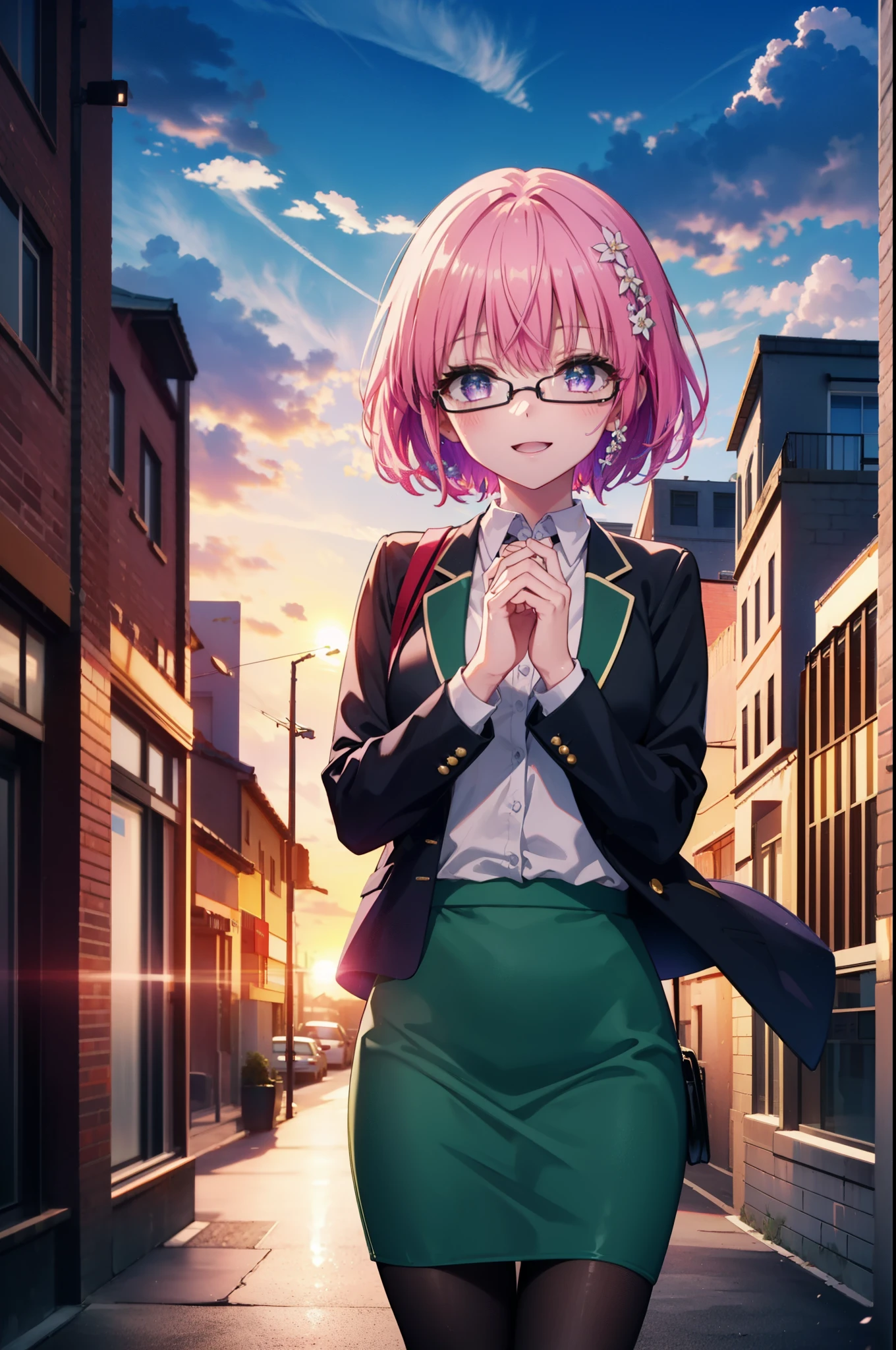Momodeviluke, Deviluke type, demon tail, Hair Flowers, hair ornaments, (Purple eyes:1.1), Pink Hair, short hair, tail, happy smile, smile, Open your mouth,
break demon tail, Green Skirt, OL, Red glasses, end, black suit jacket, collared jacket, White dress shirt, Collared shirt, Neckline, button, strap, Black pencil skirt, Black pantyhose,Stiletto heels,morning,morning陽,The sun is rising,City Street,
break outdoors, In town,Building district,
break looking at viewer, (Cowboy Shot:1.5),
break (masterpiece:1.2), highest quality, High resolution, unity 8k wallpaper, (figure:0.8), (beautiful detailed eyes:1.6), extremely detailed face, Perfect lighting, extremely detailed CG, (Perfect hands, Perfect Anatomy),