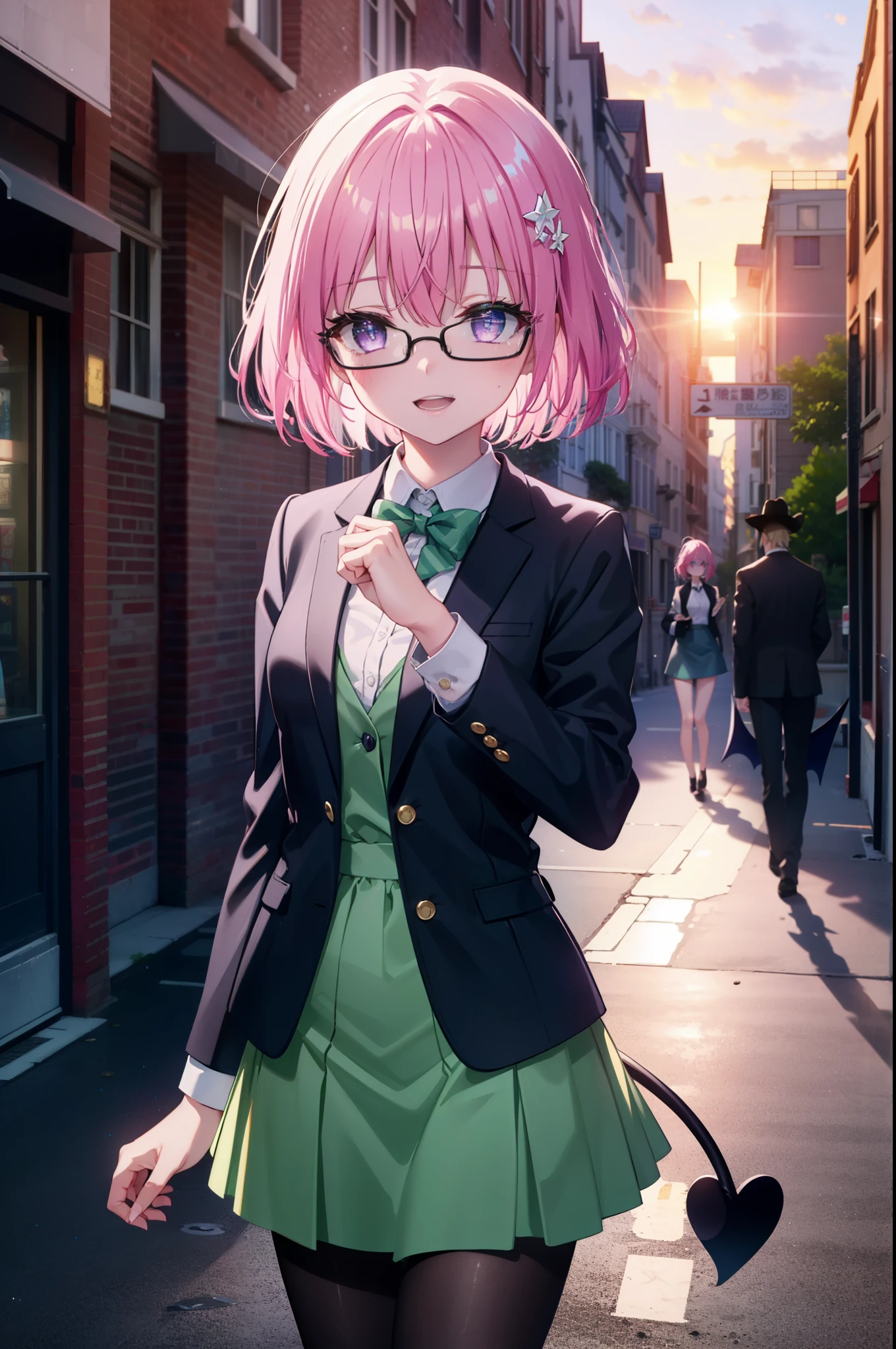 Momodeviluke, Deviluke type, demon tail, Hair Flowers, hair ornaments, (Purple eyes:1.1), Pink Hair, short hair, tail, happy smile, smile, Open your mouth,
break demon tail, Green Skirt, OL, Red glasses, end, black suit jacket, collared jacket, White dress shirt, Collared shirt, Neckline, button, strap, Black pencil skirt, Black pantyhose,Stiletto heels,morning,morning陽,The sun is rising,City Street,
break outdoors, In town,Building district,
break looking at viewer, (Cowboy Shot:1.5),
break (masterpiece:1.2), highest quality, High resolution, unity 8k wallpaper, (figure:0.8), (beautiful detailed eyes:1.6), extremely detailed face, Perfect lighting, extremely detailed CG, (Perfect hands, Perfect Anatomy),