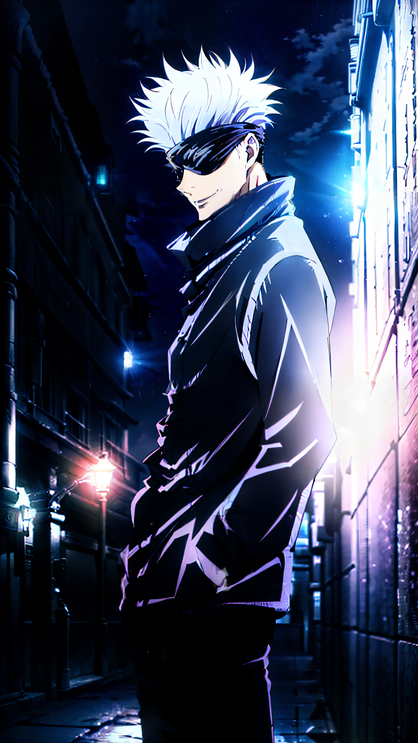 epic composition, city street, Japan, deserted street, the night, flashing in the background, Red and blue color, (tmasterpiece, beste-Qualit: 1.2), male focus, 1boy, Gojo Satoru, hands in pocket, blindfold, black jacket, (Masterpiece:1.3),(Best Quality:1.2),8K,absurdress,Unity 8K WallPapper,(Extremely detailed:1.3),supreme, hight resolution, Amazing, illustartion, Beautiful studio soft light, Stunningly beautiful, incredibly absurdres, Vivid details, Cinematic lighting, moody lighting, pixiv, Award-winning, Professional, Highly detailed, Gojo1, solo, looking a viewer, Smile, Short hair, 1boy, Standing, jacket, white colored hair, male focus,spiked hair, facing viewer, (red background:1.1), high collar, blindfold, (Magic:1.3), (aura:1.3), covered eyes,