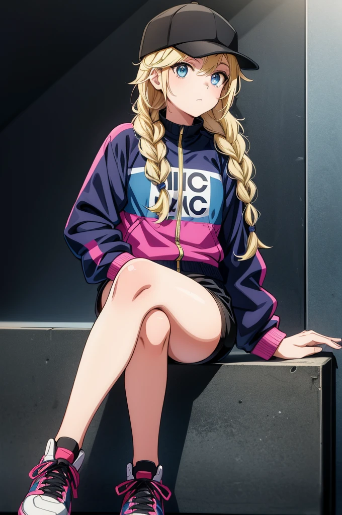 a picture of a cartoon image of a female sitting on a motorbike, 1girl, solo, blonde hair, braid, hat, blue eyes, long hair, multicolored jacket, shorts, multicolored clothes, black shorts, black headwear, jacket, shoes, baseball cap, ground vehicle, twin braids, black footwear, bicycle