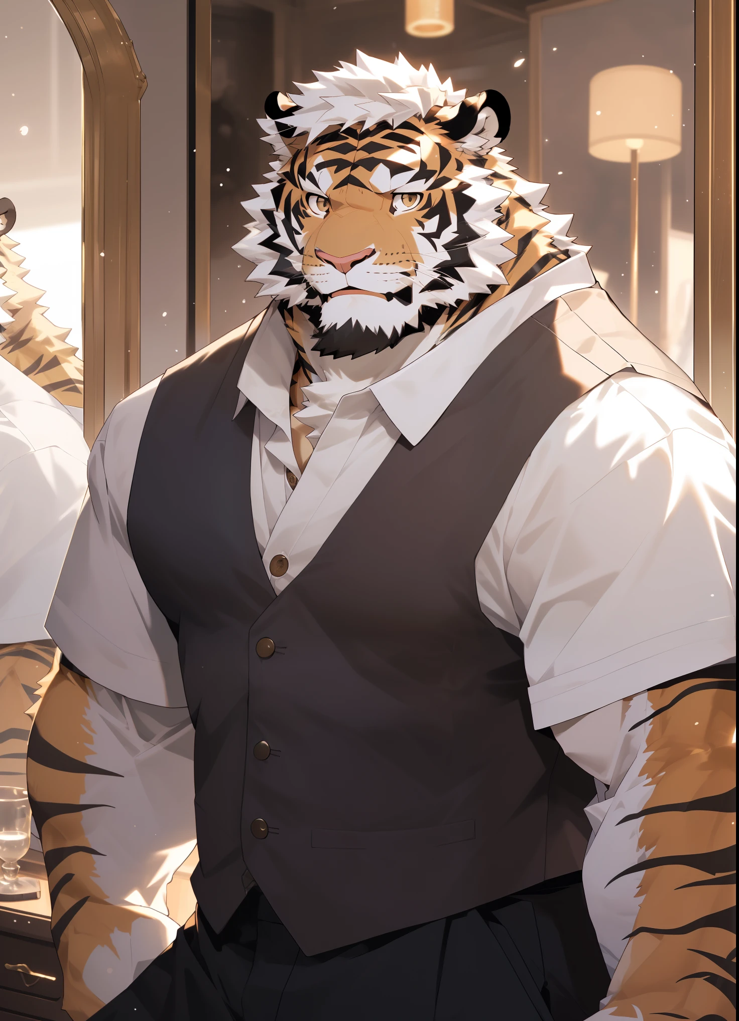 hairy,(tiger,White short sleeve),beard,Golden fur,White short hair,male,Brown eyes,Common,Face to Face,full-body shot,In front of the mirror,Detailed background,极其lifelike阴影,masterpiece,Very detailed,lifelike