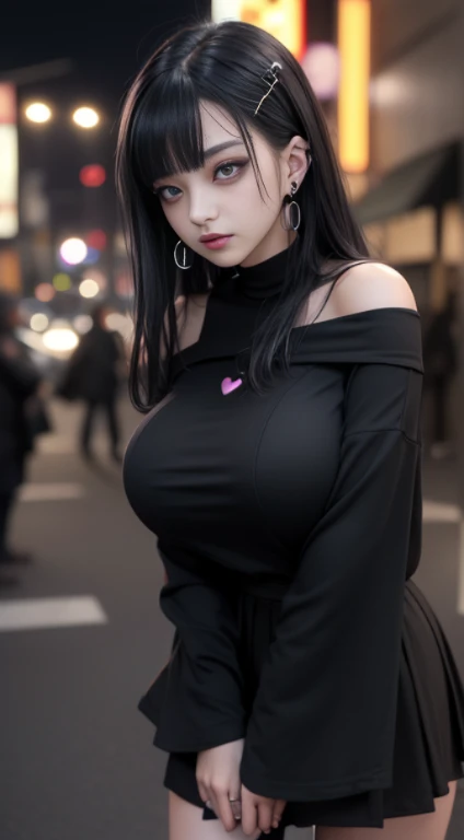 Cinema Lighting、(Key Light：Front 45 degree angle, Subsidy light、Backlight、Shadow、Blue and orange color palette), Accurate human body、Knowledgeable person、Correct five-finger、RAW Photos、4K - ultra-vivid、highest quality, masterpiece, Ultra-high resolution, (reality: 1.4), 


(((Oilskin,Glowing Skin、Realistic skin texture、Fine and beautiful skin、Shiny skin、Shiny skin)))、

Beautiful youth, 19歳のgirl, 魅力的なgirl, クールなgirl、girl、mini skirt、Black Mask、((赤いHeavy makeup))、((Big )) 、 girl1名, Purple eyes, Off-the-shoulder sweater dress, Cinema Lighting、purple and black hair、(Mine girl、Goth Makeup、My Makeup)、(Earrings、Big Breasts、An oversized black t-shirt with open shoulders、ダークmini skirt)、((Heavy makeup、Oilskin,Glowing Skin、Realistic skin texture、Fine and beautiful skin、Shiny skin)), Dark downtown at night、Goth Makeup、Kabukicho、Dark Cyberpunk、(Full Shot:1.8)、Thin legs、Thin arms、Narrow shoulders、Narrow waist、Slender body、Beautiful breasts、whole body、Full of embarrassment、Sexy pose、(((Big Breasts、Big Breasts)))、(((Exclamation mark, , Many Hearts,Spoken Heart, Comic Strip, Moving lines, Motion Blur, Shaking violently, lots of heart speech bubbles、shout)))、