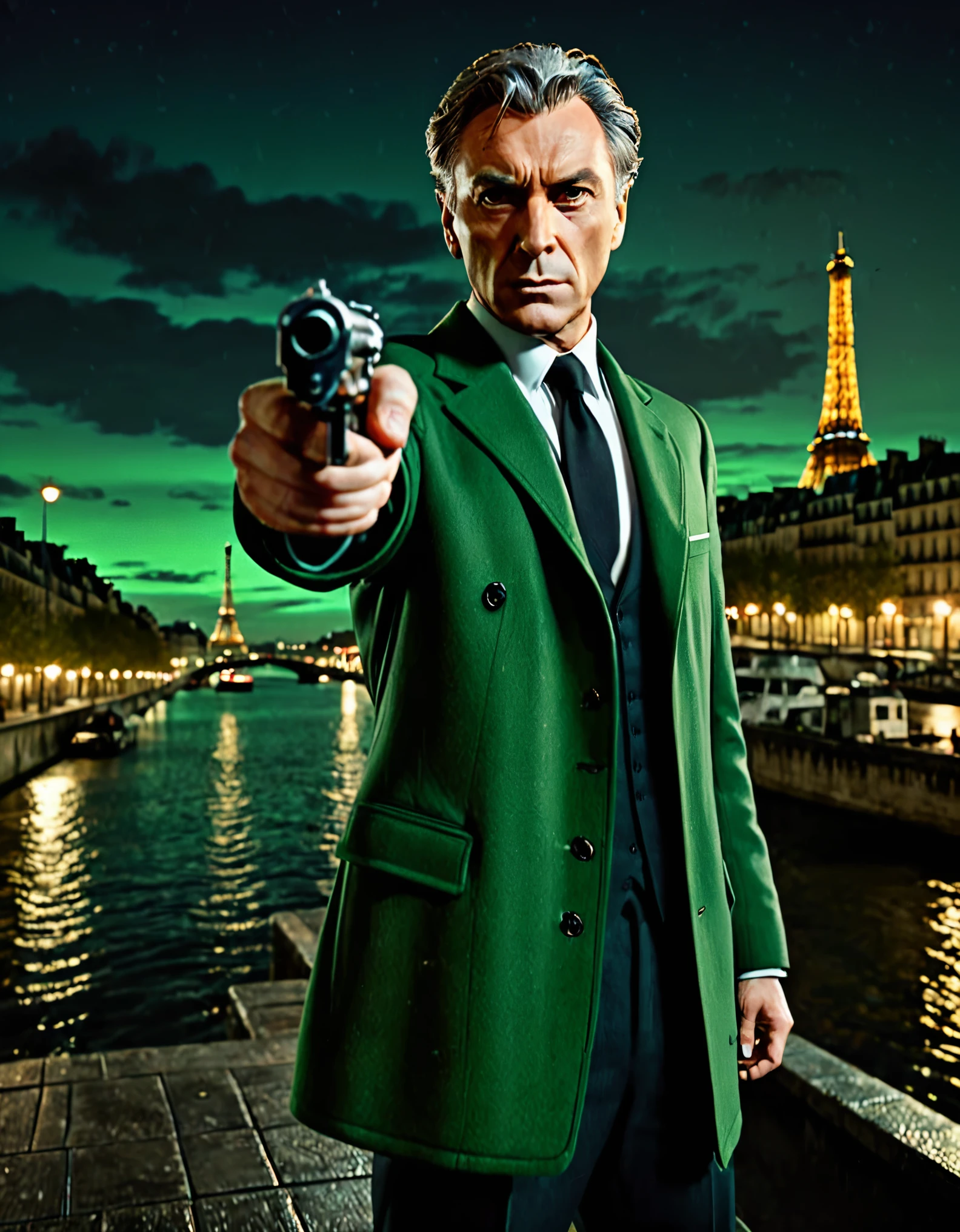 masterpiece, best quality, hyper detailed, ultra detailed, 1man, solo, solo focus, arafed french man in a coat, (pointing pistol at the viewer, glock17), tall body, middle-aged man, professional, relaxed but determined, serious but cool, he's a hitman in peacoat, he is wearing a green trenchcoat, darkgreen suit and tie, slacks, black dress shoes, full body and head shot, full body shoot, full-body-shot, fullbody shot, dock, paris, night backdrop, film noire atmosphere, reddish grey hair, green eyes, hair over one eye, secret agent, spy, midnight, noir lighting.