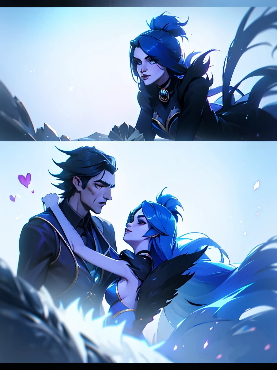 Pareja Ahri y Kayn, league of legends, amor, beso, kiss, couple dynamic, romantic scene of both characters, paisaje oscuro, good lighting, personaje de league of legends Kayn besando a Ahri league of legends, coqueteo, flirting