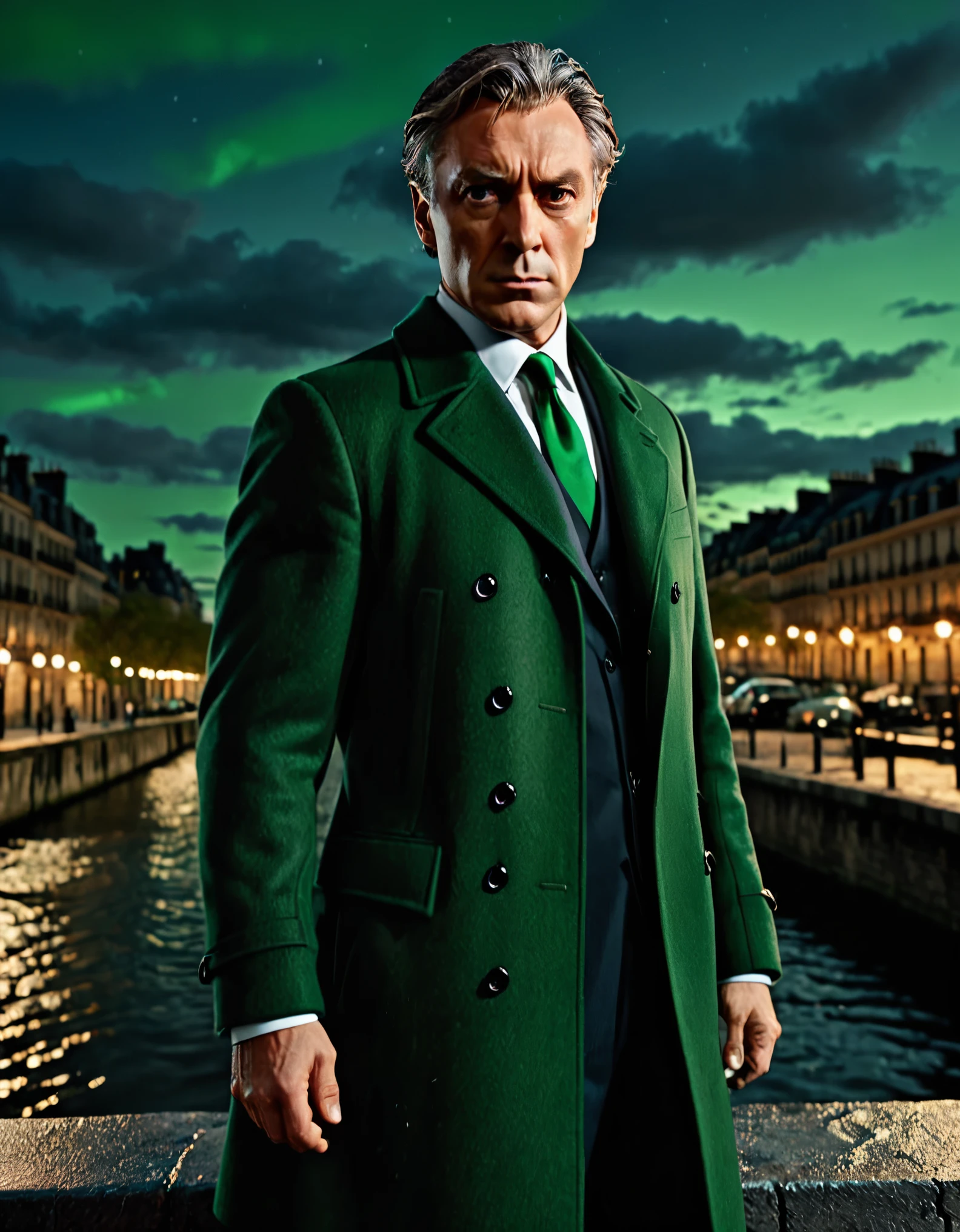 masterpiece, best quality, hyper detailed, ultra detailed, 1man, solo, solo focus, arafed french man in a coat, (pointing pistol at the viewer, glock17), tall body, middle-aged man, professional, relaxed but determined, serious but cool, he's a hitman in peacoat, he is wearing a green trenchcoat, darkgreen suit and tie, slacks, black dress shoes, full body and head shot, full body shoot, full-body-shot, fullbody shot, dock, paris, night backdrop, film noire atmosphere, reddish grey hair, green eyes, hair over one eye, secret agent, spy, midnight, noir lighting.