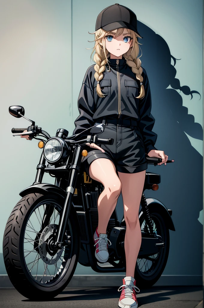 woman riding her motorcycle in black coveralls in front of wall art, 1girl, motorcycle, solo, shorts, braid, ground vehicle, hat, baseball cap, blue eyes, blonde hair, motor vehicle, twin braids, shoes, jacket, shirt, short shorts, black shorts, long hair, full body, sneakers