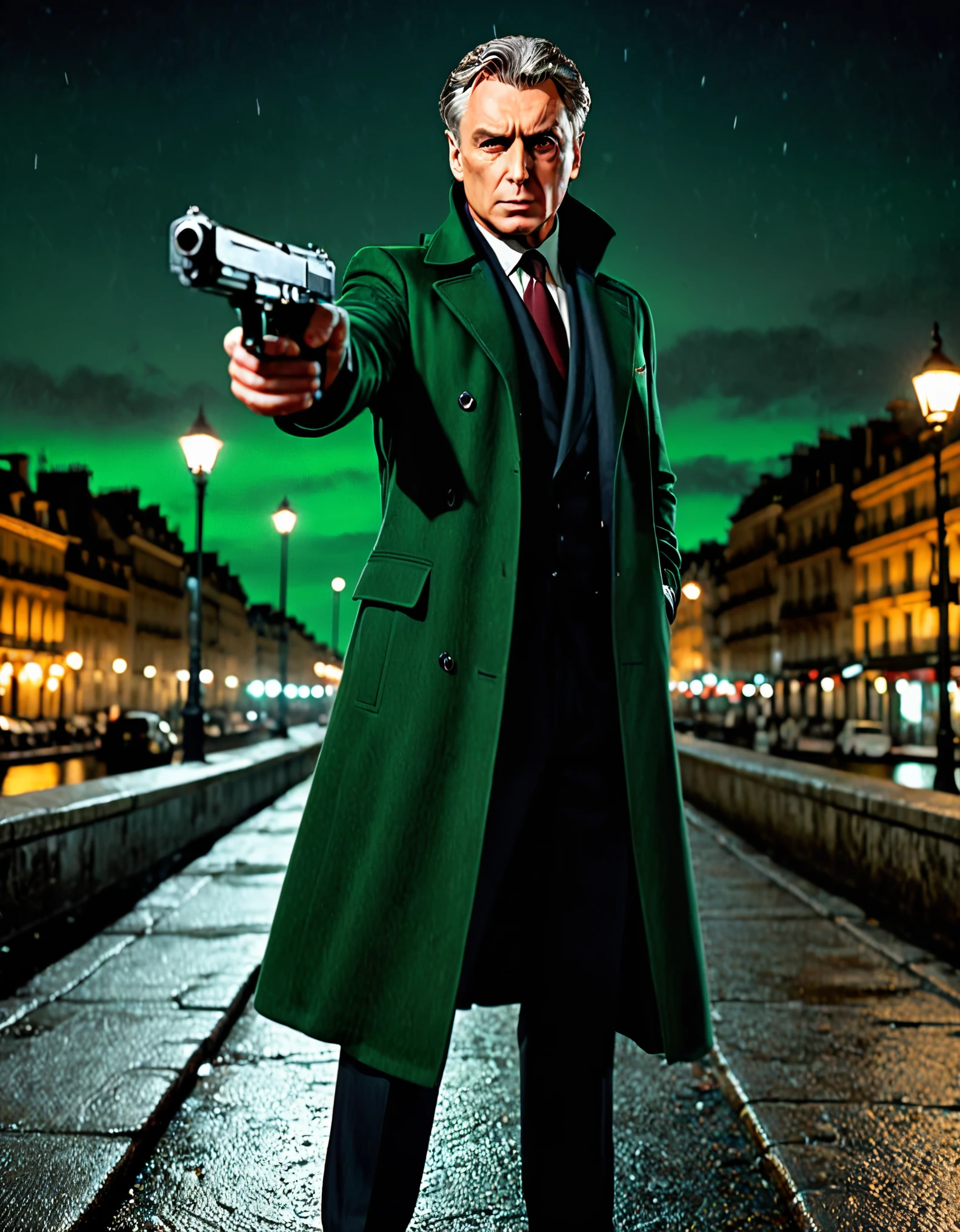 masterpiece, best quality, hyper detailed, ultra detailed, 1man, solo, solo focus, arafed french man in a coat, (pointing pistol at the viewer, glock17), tall body, middle-aged man, professional, relaxed but determined, serious but cool, he's a hitman in peacoat, he is wearing a green trenchcoat, darkgreen suit and tie, slacks, black dress shoes, full body and head shot, full body shoot, full-body-shot, fullbody shot, dock, paris, night backdrop, film noire atmosphere, reddish grey hair, green eyes, hair over one eye, secret agent, spy, midnight, noir lighting.