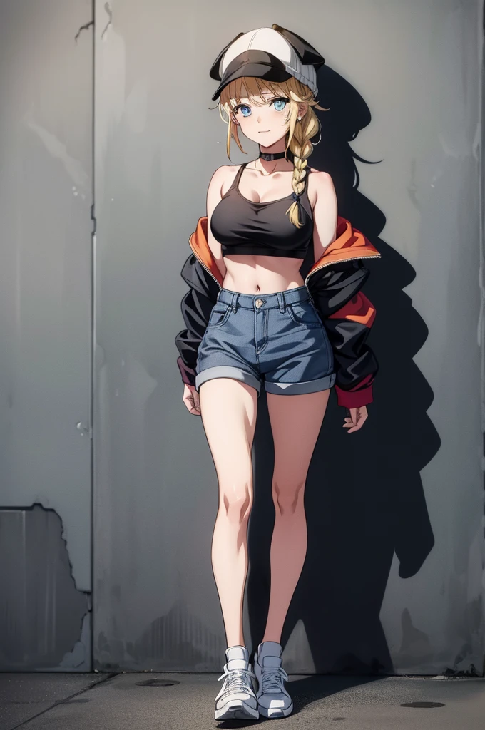 (((grayscale)))(masterpiece:1.2, best quality), (graffiti wall:1.15), 1lady, beanie, jacket, Leggings, blue eyes, fullbody,1girl, a blonde haired anime looking anime wearing red leggings and crop top with black jacket, 1girl, solo, breasts, white jacket, navel, off shoulder, shoes, jacket, sneakers, open jacket, blonde hair, blue eyes, white footwear, open clothes, midriff, cleavage, twin braids, full body, pants, hat, large breasts, choker, looking at viewer, jewelry, earrings, bare shoulders, crop top, smile, braid, collarbone, standing, black choker, beanie, long hair, long sleeves, black headwear, stomach, more_details:-1, more_details:0, more_details:0.5, more_details:1, more_details:1.5, Eiko Tsukimi, blue eyes, braid, double braid, blonde hair, long hair,baseball cap