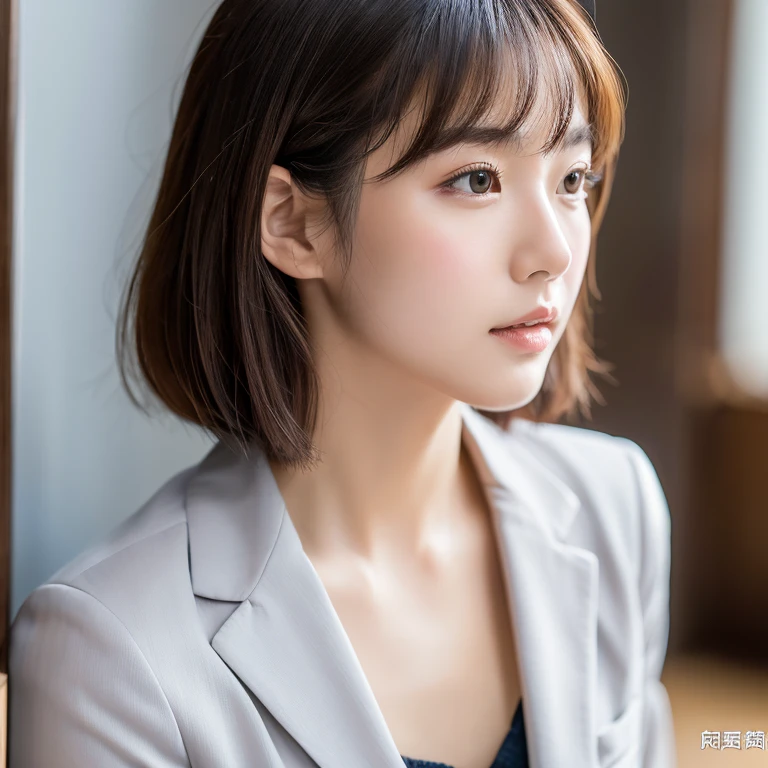 I'is working、sexy、Inconspicuous、quiet、beautiful girl、Japanese、Beautiful breasts、Short Bob、suit、Round face、thin, Round glasses with silver rim、job hunting、Big Breasts,Ultra-Realistic Capture, Very detailed, High resolution 16K human skin close-up. Skin texture must be natural, So detailed that even pores can be distinguished. Skin looks healthier, In a uniform tone. Use natural light and color,(RAW Photos, highest quality), highest quality, Very detailed, masterpiece, Super detailed