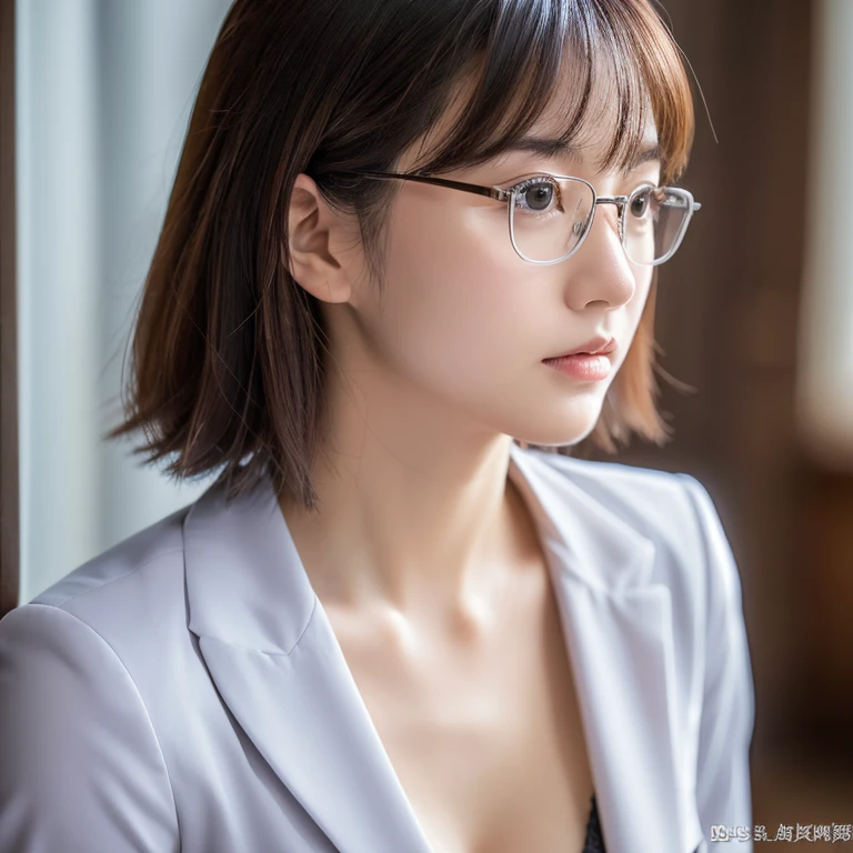 I'is working、sexy、Inconspicuous、quiet、beautiful girl、Japanese、Beautiful breasts、Short Bob、suit、Round face、thin, Round glasses with silver rim、job hunting、Big Breasts,Ultra-Realistic Capture, Very detailed, High resolution 16K human skin close-up. Skin texture must be natural, So detailed that even pores can be distinguished. Skin looks healthier, In a uniform tone. Use natural light and color,(RAW Photos, highest quality), highest quality, Very detailed, masterpiece, Super detailed
