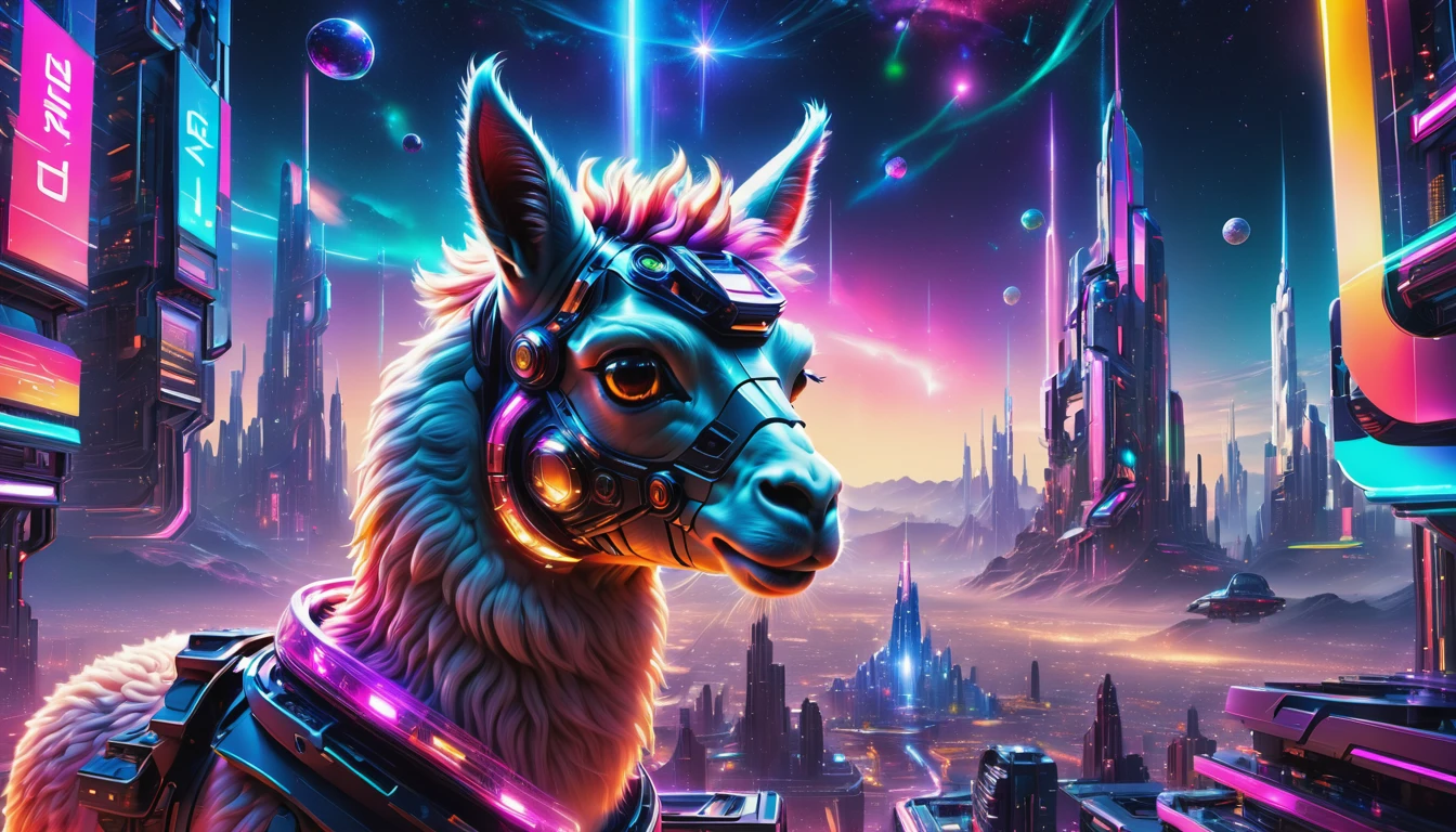 best quality,ultra-detailed,realistic,futuristic alpaca,3D rendering,neon colors,glowing eyes,metallic fur,glimmering horns,high-tech accessories,sci-fi landscape,nighttime cityscape,android alpaca,robotic features,virtual reality headset,laser lights,hovering in mid-air,futuristic architecture,advanced technology,sparkling stars,interstellar travel,cosmic atmosphere,luminous trails,exquisite details,digital art masterpiece,vivid colors,mesmerizing composition,dynamic pose,artificial intelligence,the future of alpacas,HDR lighting,highres artwork