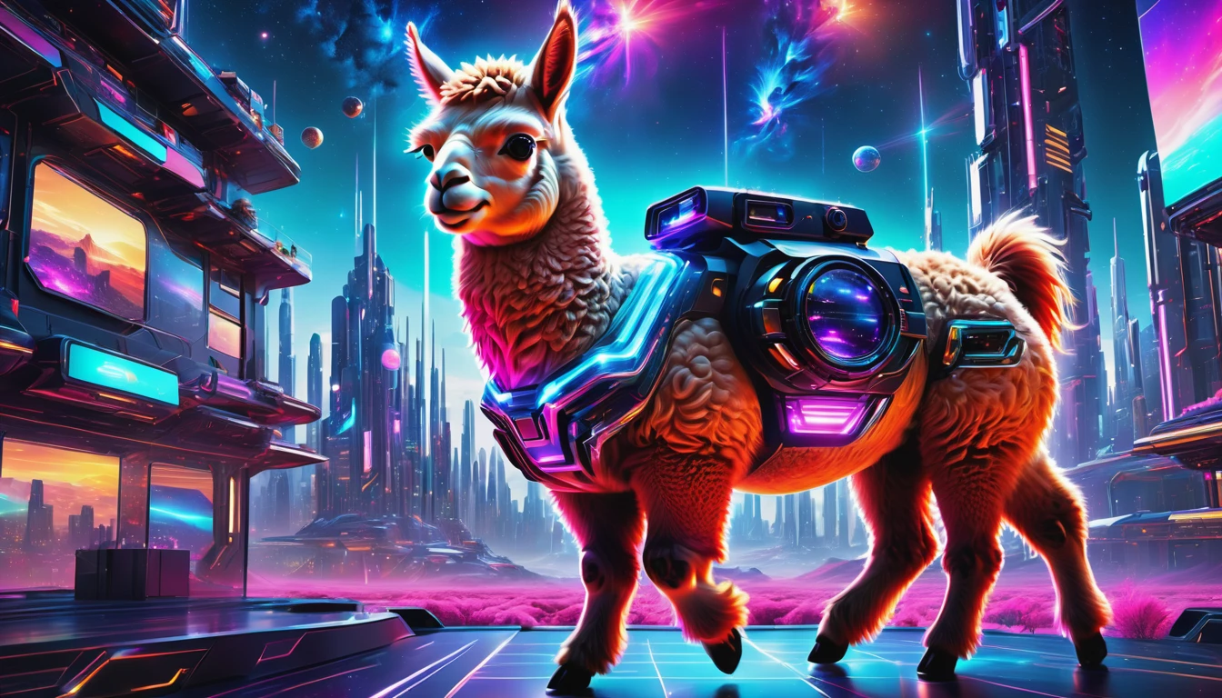 best quality,ultra-detailed,realistic,futuristic alpaca,3D rendering,neon colors,glowing eyes,metallic fur,glimmering horns,high-tech accessories,sci-fi landscape,nighttime cityscape,android alpaca,robotic features,virtual reality headset,laser lights,hovering in mid-air,futuristic architecture,advanced technology,sparkling stars,interstellar travel,cosmic atmosphere,luminous trails,exquisite details,digital art masterpiece,vivid colors,mesmerizing composition,dynamic pose,artificial intelligence,the future of alpacas,HDR lighting,highres artwork