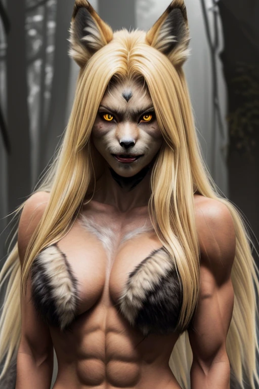 Lycanthrope woman with wolf head and wolf face blonde brown fur all over body muscular build sharp claws yellow eyes looking straight ahead towards viewer on a foggy forest background