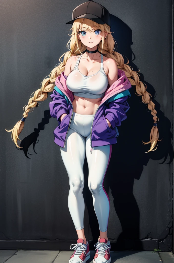 a cartoon character in athletic clothing standing against the wall with a blank look on her face, 1girl, solo, breasts, blonde hair, blue eyes, twin braids, large breasts, hat, hands in pockets, jacket, navel, shoes, braid, cleavage, leggings, looking at viewer, full body, sneakers, off shoulder, long hair, black headwear, open clothes, open jacket, white footwear, choker, smile, bare shoulders, midriff, standing, pants, collarbone