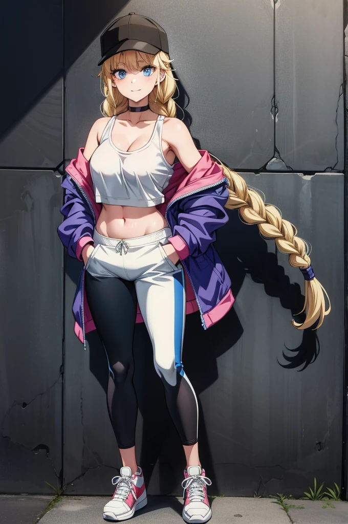 (((grayscale)))(masterpiece:1.2, best quality), (graffiti wall:1.15), super fine illustration,vibrant colors, masterpiece, sharp focus, best quality, depth of field, cinematic lighting,ultra detailed,masterpiece, best quality, ultra-detailed, a women in a sports outfit with purple hair and an eyepatch is sitting on her shorts, 1girl, underboob, breasts, blue eyes, hat, navel, shorts, blonde hair, baseball cap, thighhighs, mask, mouth mask, jacket, arm support, braid, looking at viewer, crop top, short shorts, black shorts, twin braids, sitting, black headwear, long hair, hair between eyes, bangs, purple jacket, open clothes, solo focus