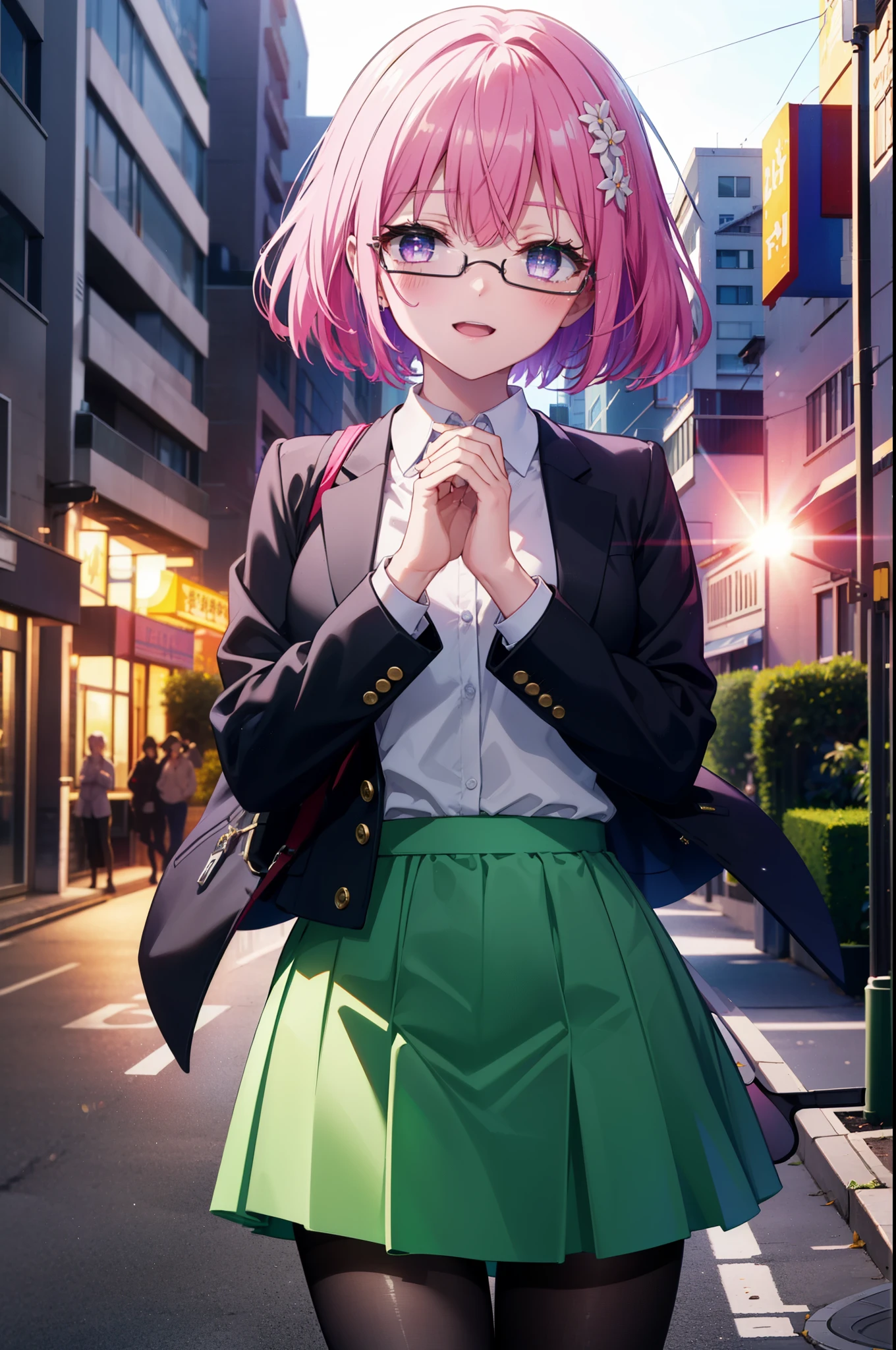 Momodeviluke, Deviluke type, demon tail, Hair Flowers, hair ornaments, (Purple eyes:1.1), Pink Hair, short hair, tail, happy smile, smile, Open your mouth,
break demon tail, Green Skirt, OL, Red glasses, end, black suit jacket, collared jacket, White dress shirt, Collared shirt, Neckline, button, strap, Black pencil skirt, Black pantyhose,Stiletto heels,morning,morning陽,The sun is rising,City Street,
break outdoors, In town,Building district,
break looking at viewer, (Cowboy Shot:1.5),
break (masterpiece:1.2), highest quality, High resolution, unity 8k wallpaper, (figure:0.8), (beautiful detailed eyes:1.6), extremely detailed face, Perfect lighting, extremely detailed CG, (Perfect hands, Perfect Anatomy),