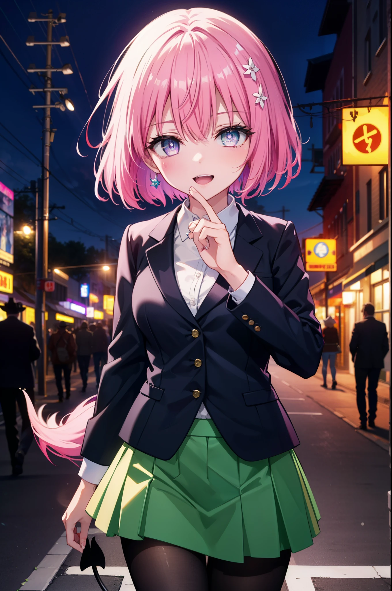 Momodeviluke, Deviluke type, demon tail, Hair Flowers, hair ornaments, (Purple eyes:1.1), Pink Hair, short hair, tail, happy smile, smile, Open your mouth,
break demon tail, Green Skirt, OL, Red glasses, end, black suit jacket, collared jacket, White dress shirt, Collared shirt, Neckline, button, strap, Black pencil skirt, Black pantyhose,Stiletto heels,morning,morning陽,The sun is rising,City Street,
break outdoors, In town,Building district,
break looking at viewer, (Cowboy Shot:1.5),
break (masterpiece:1.2), highest quality, High resolution, unity 8k wallpaper, (figure:0.8), (beautiful detailed eyes:1.6), extremely detailed face, Perfect lighting, extremely detailed CG, (Perfect hands, Perfect Anatomy),