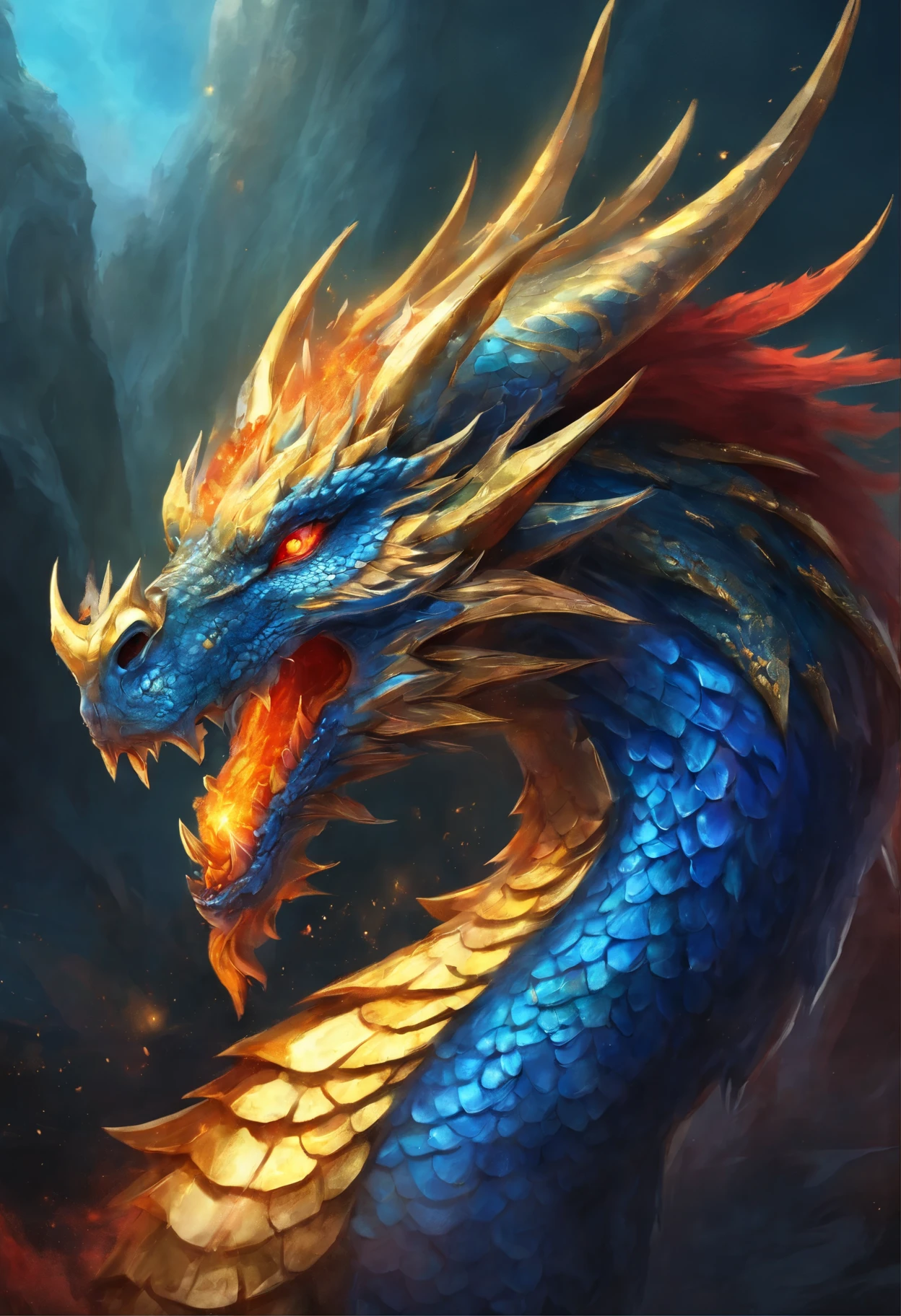 a blue dragon with gold scales that spits fire on a black background, has sharp, bright red eyes with sharp claws and has very high detail