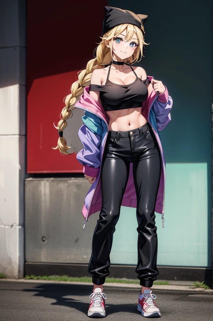 this is a picture of someone dressed up posing for a picture in the street, 1girl, breasts, solo, sneakers, blue eyes, blonde hair, shoes, jacket, hat, long hair, smile, off shoulder, choker, large breasts, braid, pants, cleavage, crop top, black headwear, bare shoulders, full body, black pants, open clothes, looking at viewer, open jacket, standing, collarbone, beanie, twin braids, midriff, shirt, long sleeves, black choker, high-waist pants