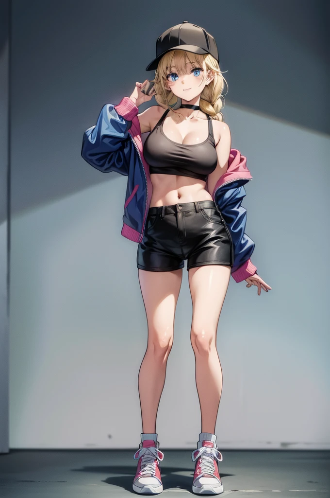 the girl in shorts and a sweater in a tight black tank top, 1girl, breasts, solo, twin braids, blonde hair, shoes, blue eyes, sneakers, cleavage, navel, jacket, large breasts, braid, choker, hat, looking at viewer, full body, smile, midriff, long hair, blue jacket, open clothes, open jacket, standing, off shoulder, leggings, black headwear, bare shoulders