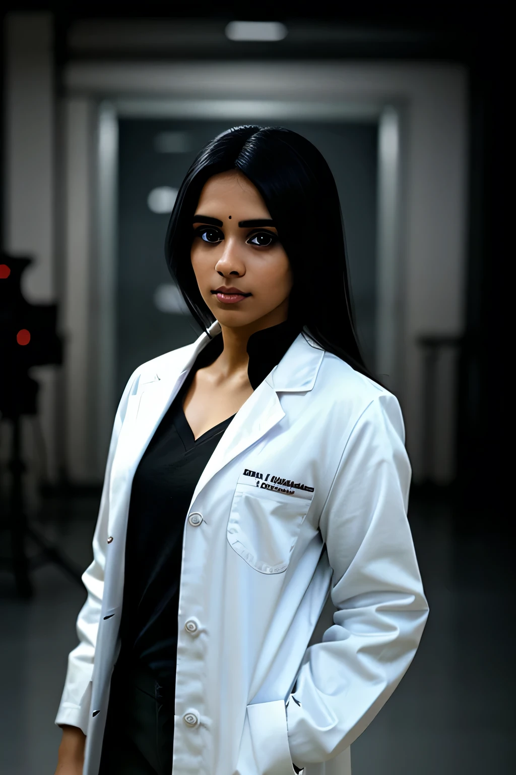 A beautiful 30-year-old Indian lady wearing a white lab coat, with black hair and a beautiful face stands in front of a blurred background. The high-resolution image captures every detail of your costume, and cinematic lighting adds depth and drama to the scene with black hair, a paper in hand