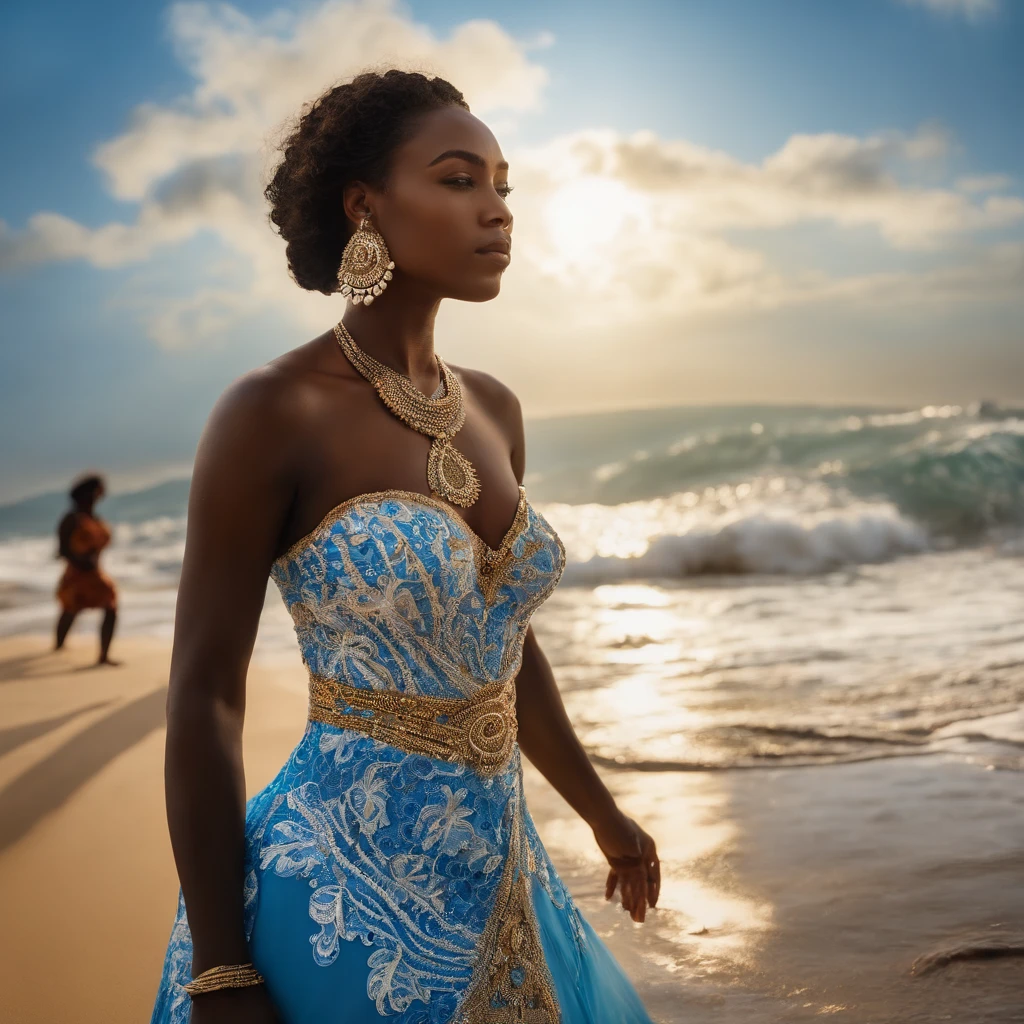 Mitologia africana. Mulher bonita, 30 anos, saindo das ondas revoltas do mar, vestido azul e branco, colar de conchas. Rough sea scenery, luz do sol 
