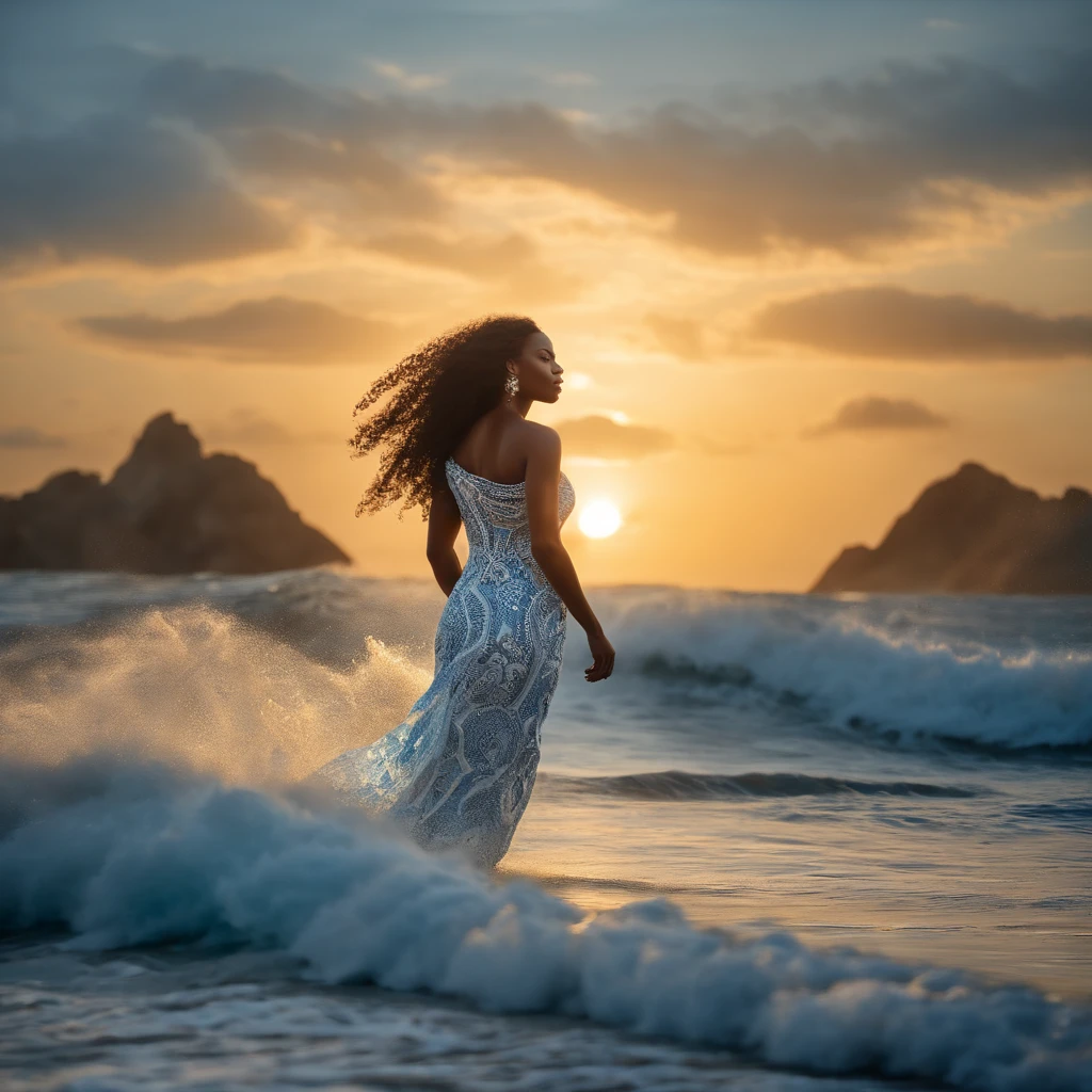 Mitologia africana. Mulher bonita, 30 anos, saindo das ondas revoltas do mar, vestido azul e branco, colar de conchas. Rough sea scenery, luz do sol