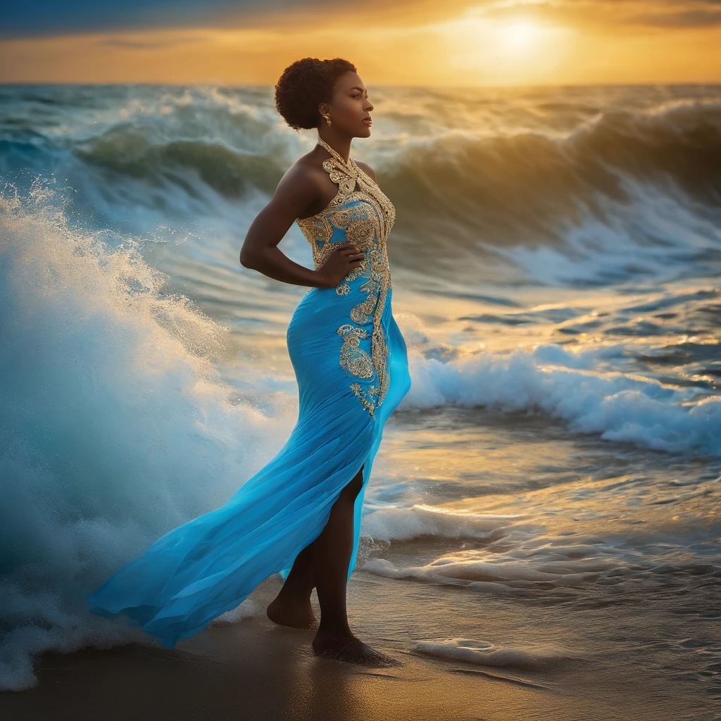 Mitologia africana. Mulher bonita, 30 anos, saindo das ondas revoltas do mar, vestido azul e branco, colar de conchas. Rough sea scenery, luz do sol