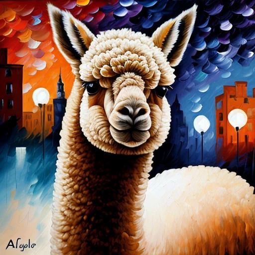 an Alpaca, by Leonid Afremov, best quality, masterpiece, very aesthetic, perfect composition, intricate details, ultra-detailed