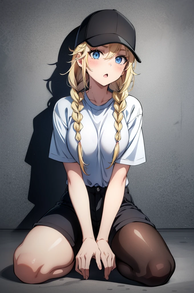 (((grayscale)))(masterpiece:1.2, best quality), (graffiti wall:1.15), 1lady, beanie, jacket, Leggings, blue eyes, fullbody,a cartoon male in a baseball cap with a visor and short shorts, 1girl, solo, blue eyes, hat, blonde hair, braid, twin braids, sitting, shorts, breasts, open mouth, shirt, baseball cap, looking at viewer, long hair, blush, white shirt, short sleeves,Eiko Tsukimi, blue eyes, braid, twin braid, blonde hair, long hair