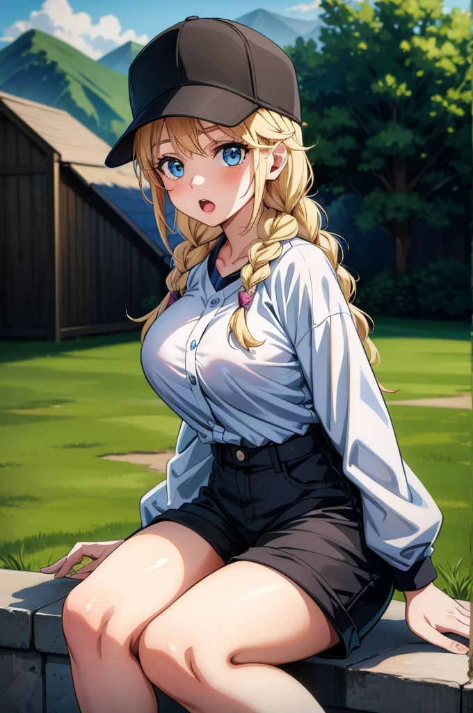 a cartoon girl with one leg slightly bent over is sitting on the floor, 1girl, braid, solo, blue eyes, long hair, hat, blonde hair, breasts, twin braids, jacket, sitting, looking at viewer, shorts, baseball cap, collarbone, smile, blush, large breasts, shirt