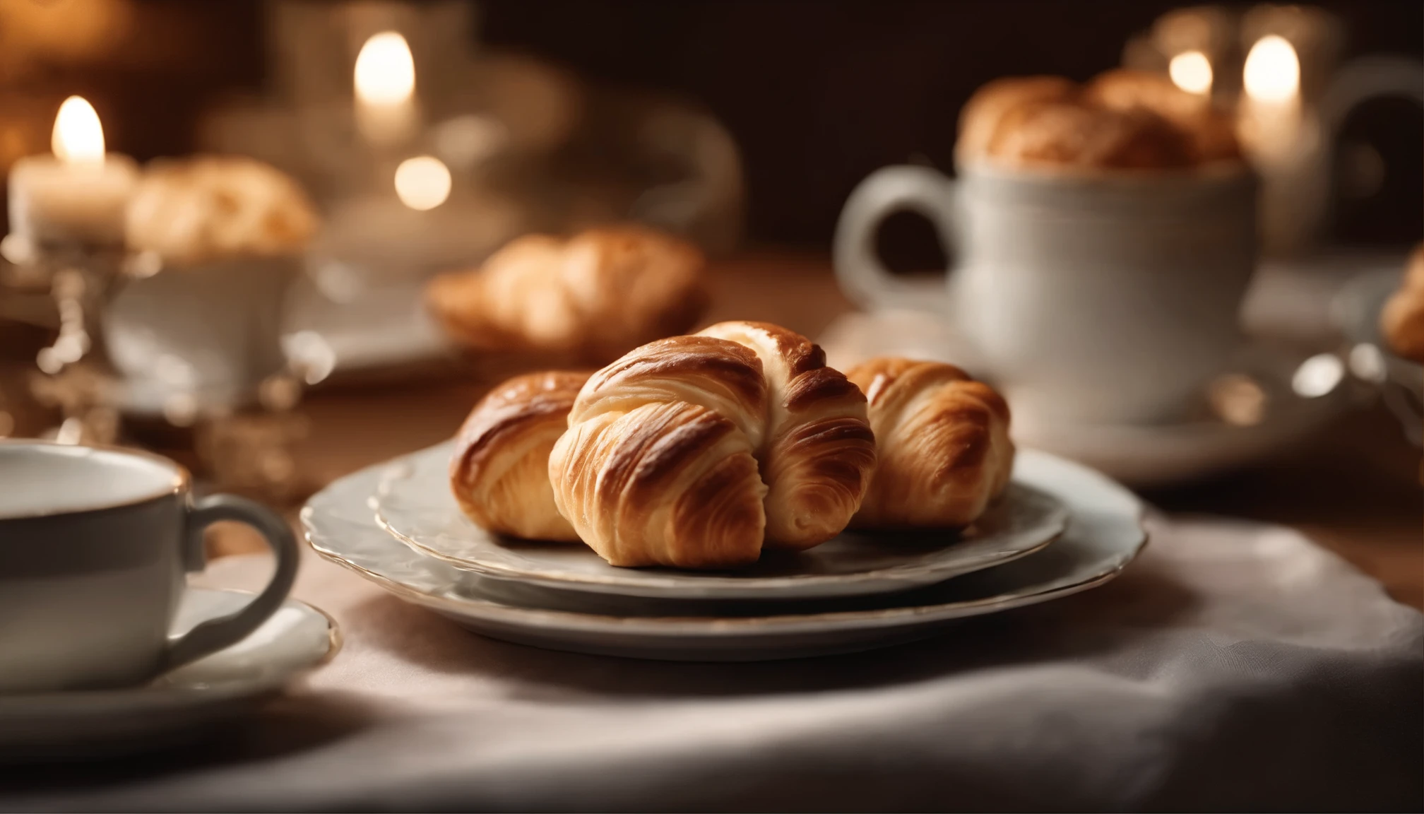 (masterpiece), stunning hyper-realistic photography, top angle, extremely detailed portrait Ultra-realistic color photographic portrait taken by professional photographer of a beautiful French patisserie table in a beautiful porcelain dishes set, croissant with chocolate filling, coffee with cream in a beautiful cup, beautiful classic tablecloth. The photo is sharp and detailed, with high contrast. blurred background, studio lighting, octane rendering, exquisitely detailed, Art Station Trend, isometric, incredible colors, high definition, cinematic, neoprene, style, bioluminescent, 8 life sizes, 8k resolution, curiously complete, elegant, close to perfection , dynamic, highly detailed, smooth concept art, positioned so that their bodies are symmetrical and directly balanced. The background is very blurry, with only indistinct lights and shadows. The photographer used a full-frame