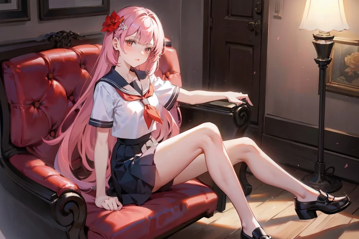 upper body, camellia, flower, red_flower, red_rose, rose, sword, weapon, katana, 1girl, pink_rose, pink_flower, spider_lily, shoes, long_hair, school_uniform, serafuku, sheath, skirt, solo, holding_sword, sheathed, vase, looking_at_viewer, sitting, orange_flower, pleated_skirt, rose_petals, black_shirt, black_legwear, black_skirt, holding_sheath, hibiscus, very_long_hair, parted_lips, loafers, sailor_collar, black_hair, neckerchief,