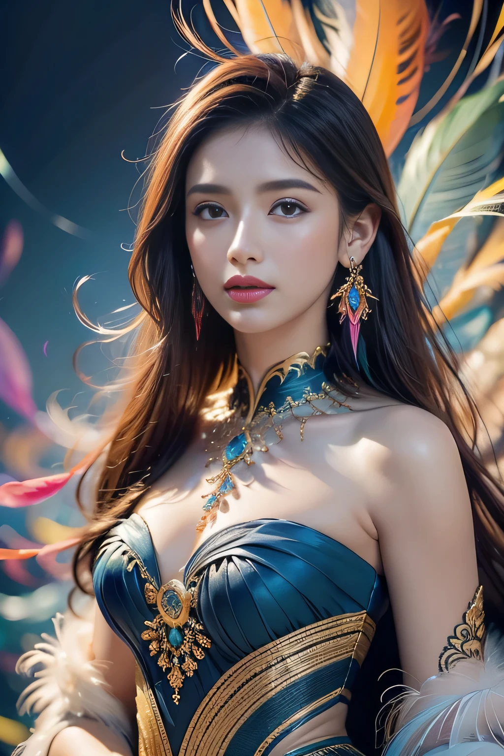 1 sister,(Feather earrings:1.2),(masterpiece, quality, Best quality, official art, Beautiful and beautiful:1.2),Very detailed nipples,(fractal art:1.1),(rich and colorful:1.1),Feather background,
