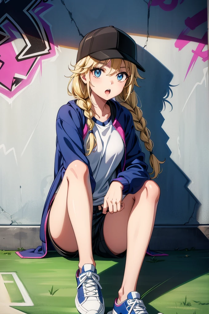 a young woman sitting on the floor in front of a graffiti wall, 1girl, solo, hat, blonde hair, blue eyes, shorts, twin braids, braid, shirt, sitting, baseball cap, sneakers, shoes, long hair, looking at viewer, breasts, white shirt, open mouth, jacket, black shorts, graffiti