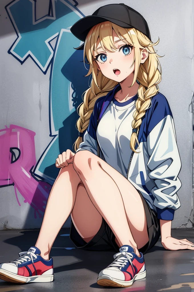 a young woman sitting on the floor in front of a graffiti wall, 1girl, solo, hat, blonde hair, blue eyes, shorts, twin braids, braid, shirt, sitting, baseball cap, sneakers, shoes, long hair, looking at viewer, breasts, white shirt, open mouth, jacket, black shorts, graffiti