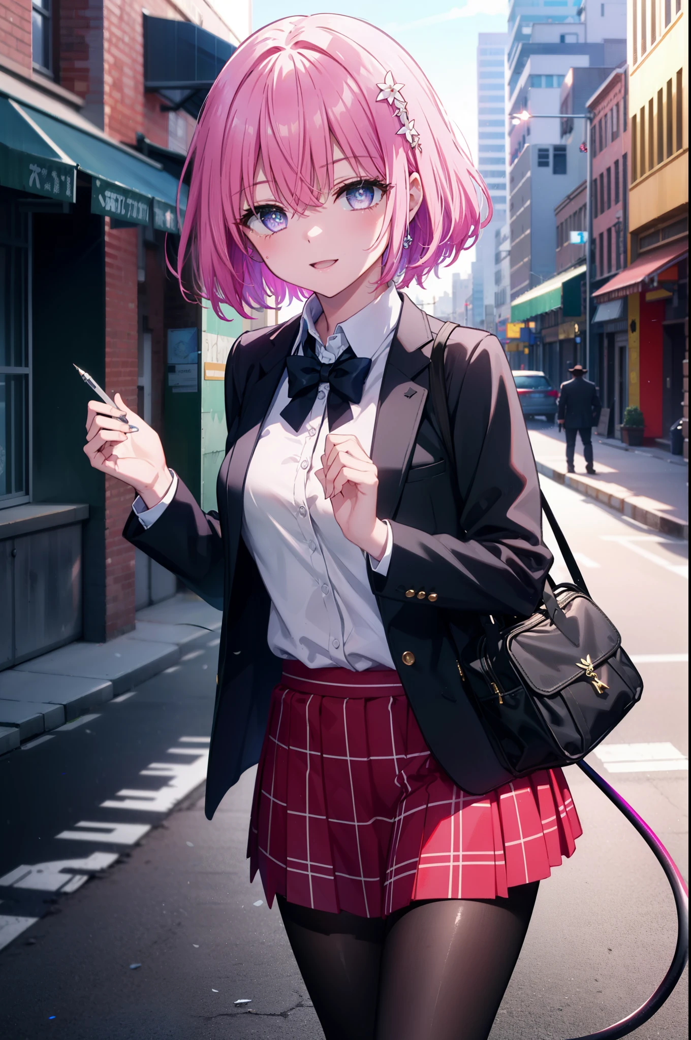 Momodeviluke, Deviluke type, demon tail, Hair Flowers, hair ornaments, (Purple eyes:1.1), Pink Hair, short hair, tail, happy smile, smile, Open your mouth,
break demon tail, Green Skirt, OL, Red glasses, end, black suit jacket, collared jacket, White dress shirt, Collared shirt, Neckline, button, strap, Black pencil skirt, Black pantyhose,Stiletto heels,morning,morning陽,The sun is rising,City Street,
break outdoors, In town,Building district,
break looking at viewer, (Cowboy Shot:1.5),
break (masterpiece:1.2), highest quality, High resolution, unity 8k wallpaper, (figure:0.8), (beautiful detailed eyes:1.6), extremely detailed face, Perfect lighting, extremely detailed CG, (Perfect hands, Perfect Anatomy),