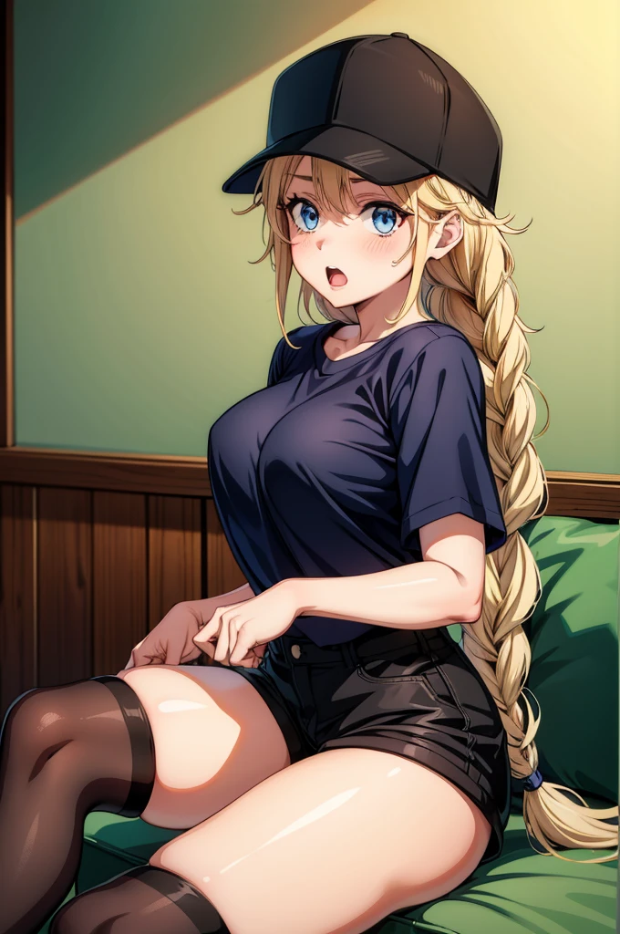 a woman is sitting down with a baseball cap and kneck pads, 1girl, solo, blonde hair, blue eyes, hat, thighhighs, twin braids, braid, shirt, sitting, shorts, open mouth, black thighhighs, looking at viewer, black headwear, blush, white shirt, long hair, breasts, black shorts