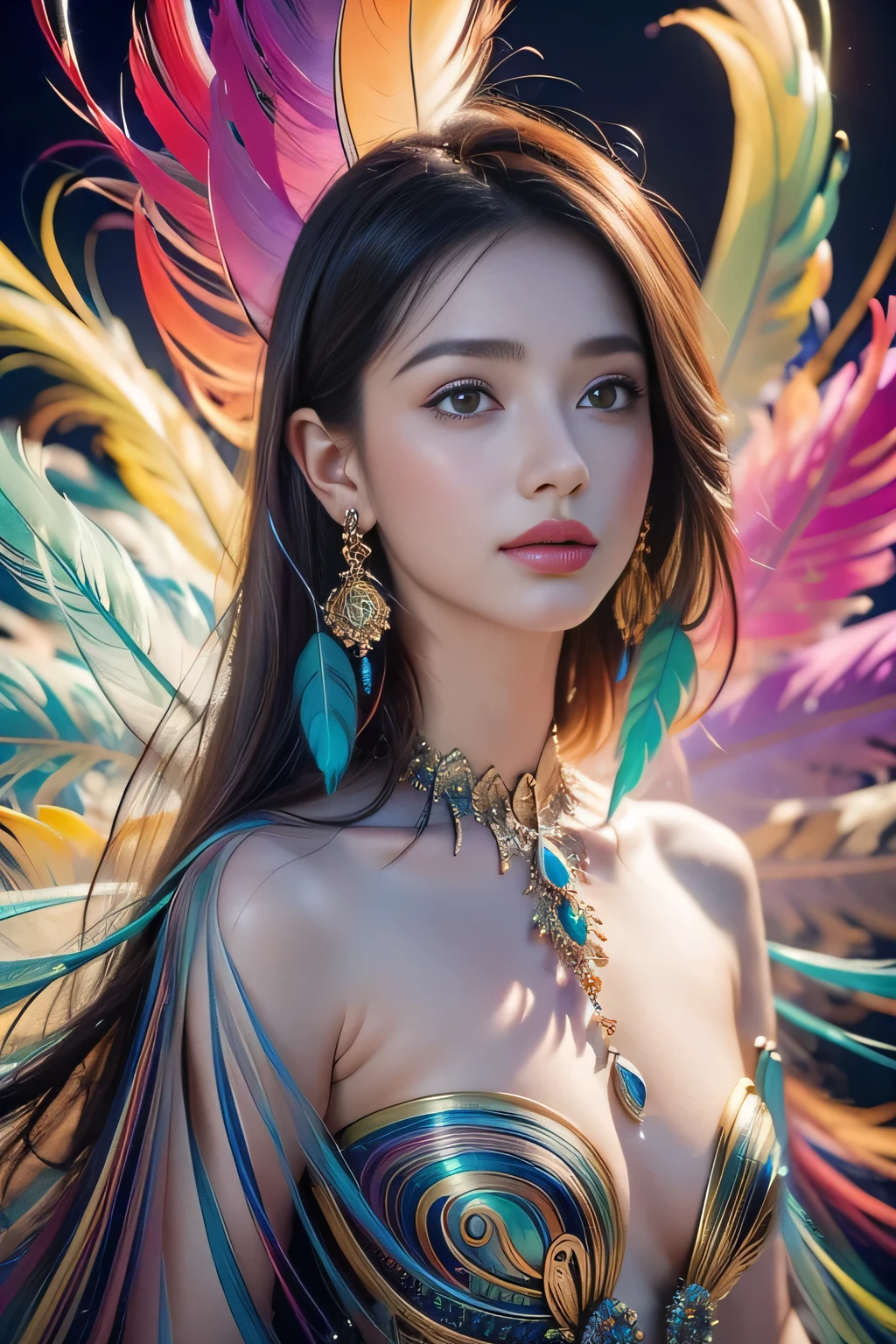1 sister,(Feather earrings:1.2),(masterpiece, quality, Best quality, official art, Beautiful and beautiful:1.2),Very detailed nipples,(fractal art:1.1),(rich and colorful:1.1),Feather background,