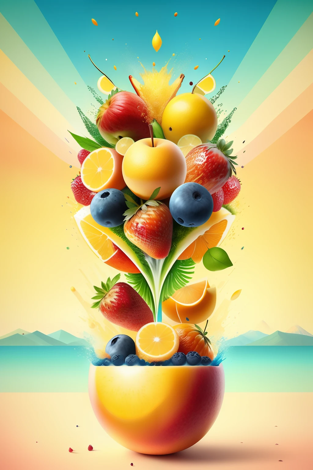 explosion of fruits and juices, alto detalhe, muito realista, ambiente brilhante