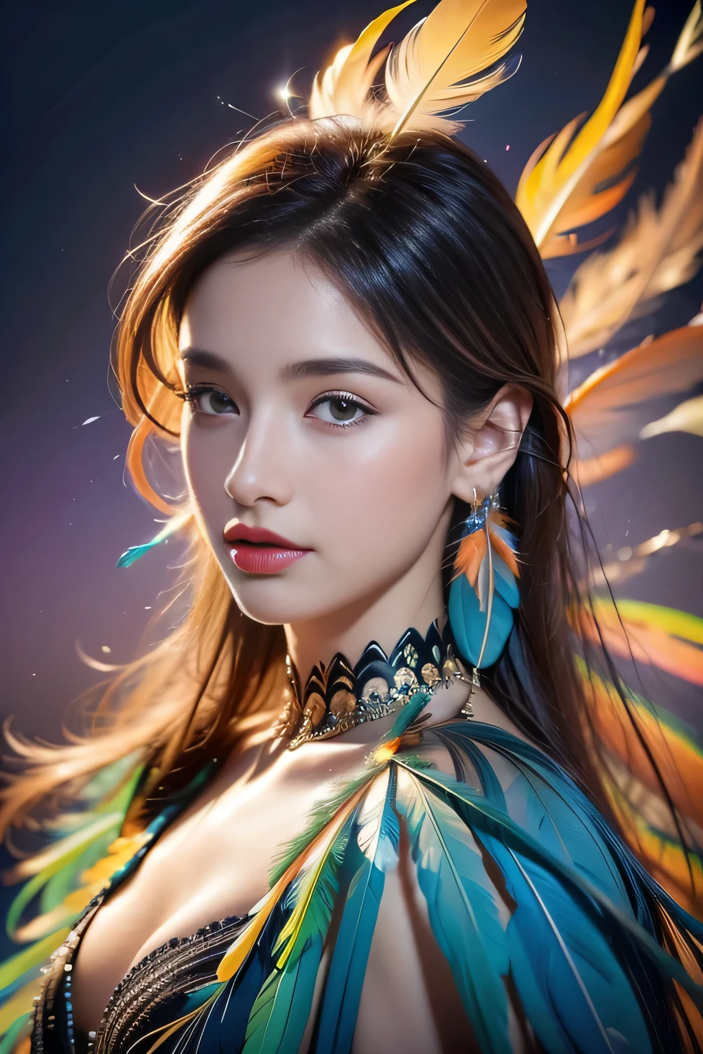 1 sister,(Feather earrings:1.2),(masterpiece, quality, Best quality, official art, Beautiful and beautiful:1.2),Very detailed nipples,(fractal art:1.1),(rich and colorful:1.1),Feather background,