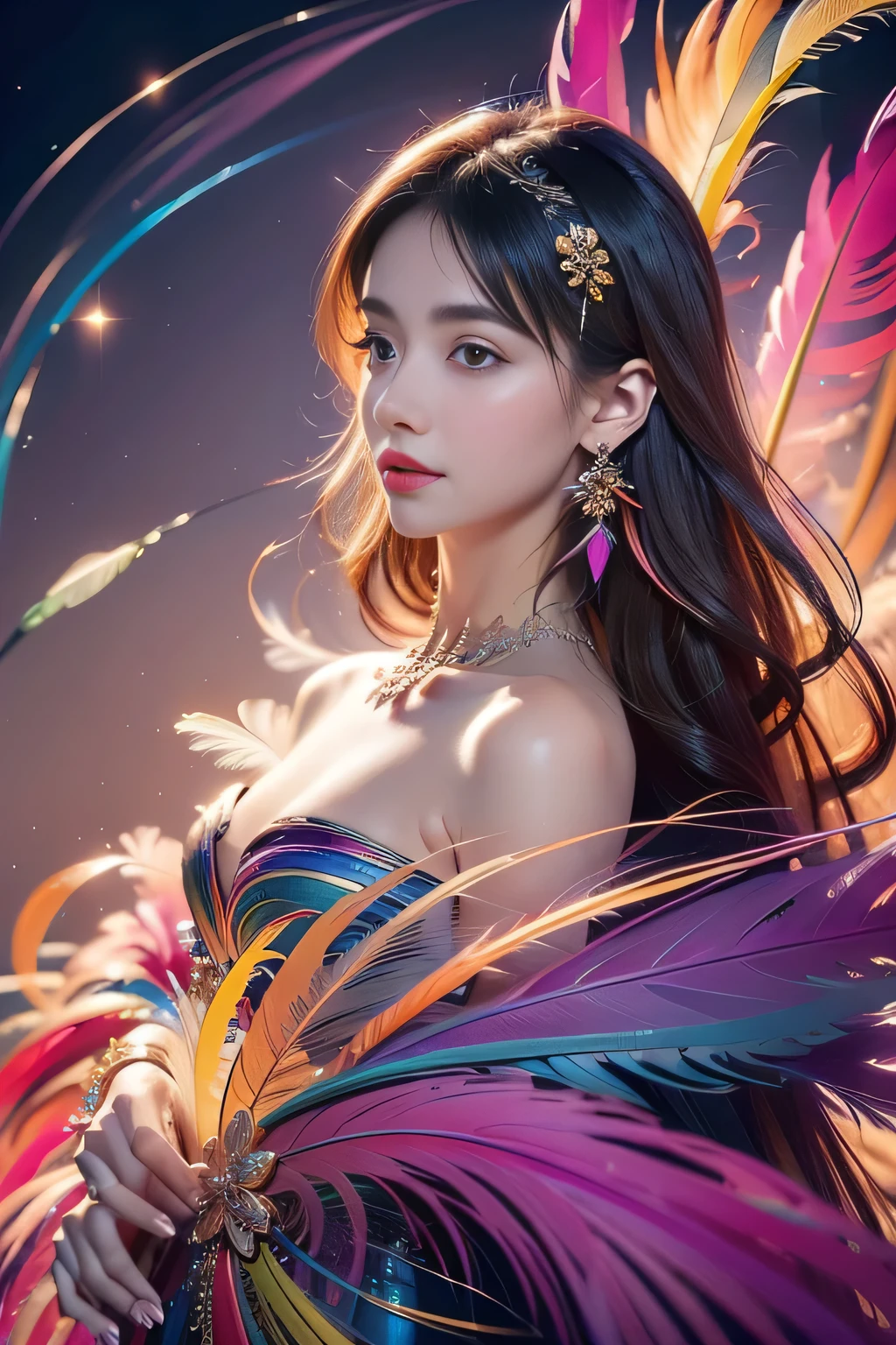1 sister,(Feather earrings:1.2),(masterpiece, quality, Best quality, official art, Beautiful and beautiful:1.2),Very detailed nipples,(fractal art:1.1),(rich and colorful:1.1),Feather background,