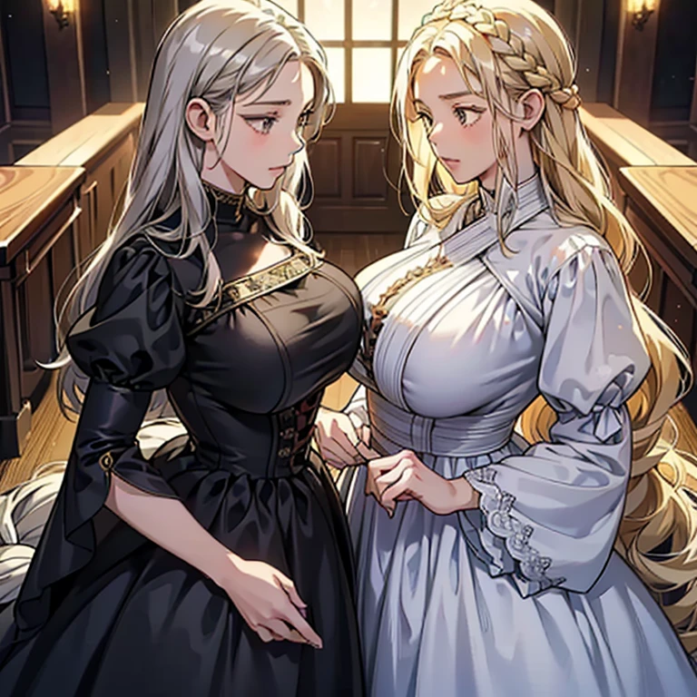 (Anime Moe Style)),((Game CG)),(masterpiece),(highest quality), (Very detailed),shape,((Very delicate and beautiful)), ,Embarrassed expression,Watching the audience,(((18-year-old female)),(Sisters lined up)((whole body)),Detailed face and eyes,Intense eyes like jewels,(Loose braid),,,(Super huge breasts,Long and saggy breasts,) Voluptuous body Silver-haired, black-eyed and blonde-haired, black-eyed sisters The two of us are playing around in dresses that stick to the pitch