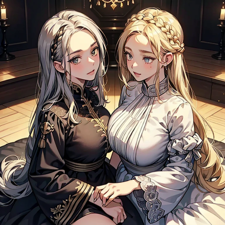 (Anime Moe Style)),((Game CG)),(masterpiece),(highest quality), (Very detailed),shape,((Very delicate and beautiful)), ,Embarrassed expression,Watching the audience,(((18-year-old female)),(Sisters lined up)((whole body)),Detailed face and eyes,Intense eyes like jewels,(Loose braid),,,(Super huge breasts,Long and saggy breasts,) Voluptuous body Silver-haired, black-eyed and blonde-haired, black-eyed sisters The two of us are playing around in dresses that stick to the pitch