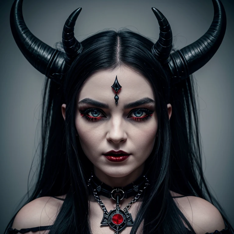 1 Demon woman with horns, black long hair, ultra detailed face and eyes, Eye color red, hyperrealistic, realistic representation, 30 years old, dancing in hell, pretty face, She wears a long black dress decorated with chains, wears high strap boots, in the background you can see demons, full body view