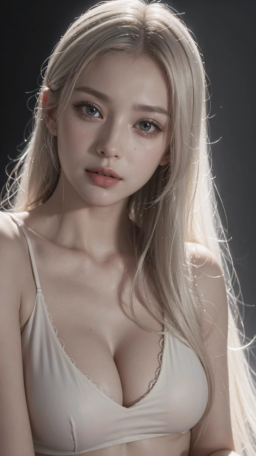 (RAW photo, best quality), (realistic, photo-realistic:1.3), very pale skin, Ultra Detailed Face, Detailed Lips, black lipstick, Fine Eyes, double eyelids, extremely delicate and beautiful, Amazing, finely detail, masterpiece, ultra-detailed, highres, best illustration, best shadow, intricate, depth of field, (closeup portrait of a young beautiful woman:1.2),long hair, ponytail, messy hair,((((low key,dark scene,dimly lit)))),(((soft lighting:1.4))),(pale skin:1.4),(shy smile),(cinematic angle),sharp focus, volumetric fog, 8k UHD, DSLR, high quality,( film grain:1.4), Fujifilm XT3,(looking at viewer), pale skin, ((masterpiece))、(((highest quality)))、photorealistic, Raw photography, An illustration、1 girl、Beautiful silver hair、white blond, hair in eyes、Beautiful Eyes、Environmental Scene Change、Poses too、magic、Shartaan Betarola、depth of field, bokeh, silky smooth skin, ultra realistic, extremely high resolution, highest detailed eyes and face, spot light, , adorable, Revealing clothing、White clothes、Wrinkled tank top、Bare Chest, sheer