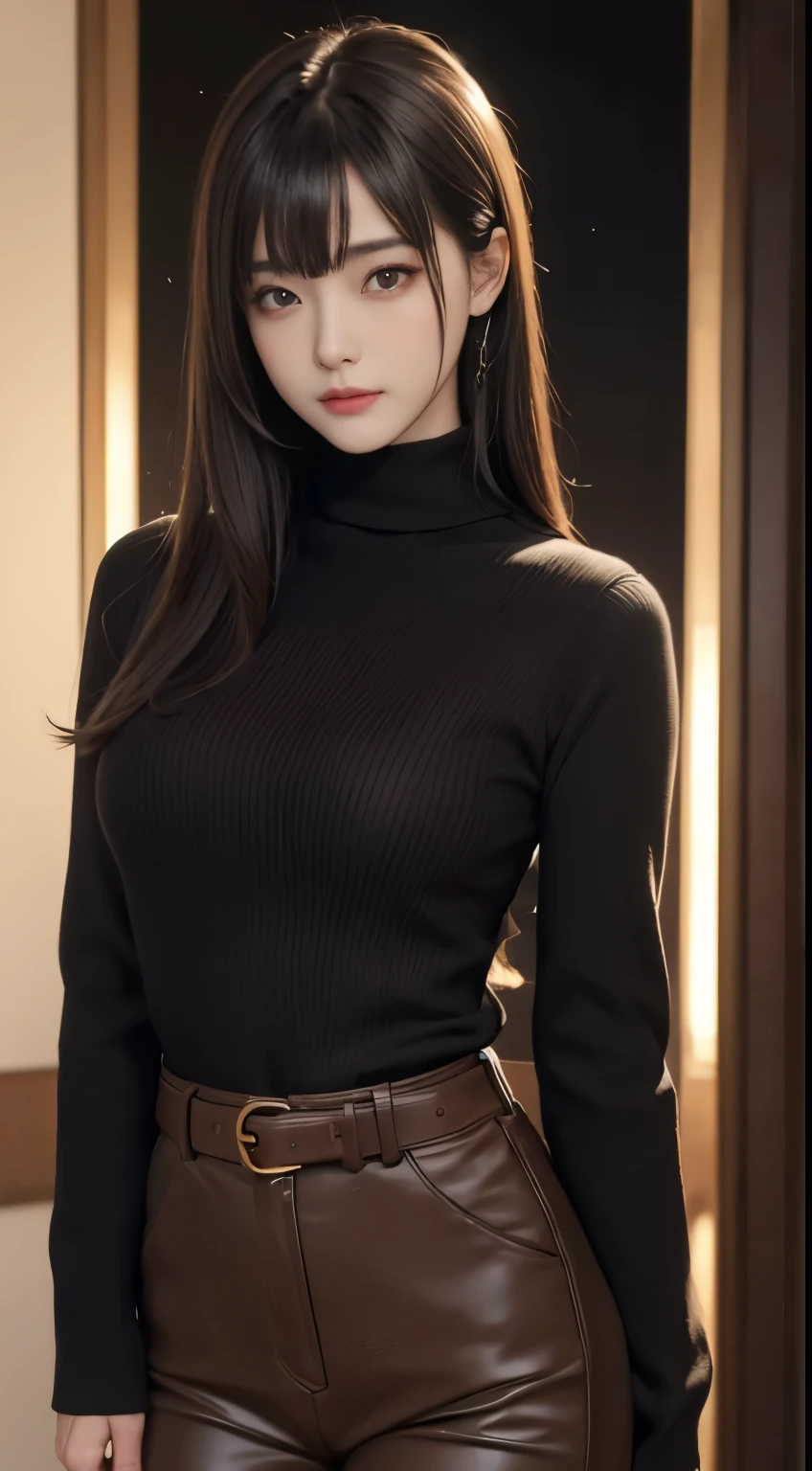 masterpiece, 1. Beautiful Girls, detailed, Swollen eyes, highest quality, 超A high resolution, (reality: 1.4), Original photo, One girl, Cinema lighting, (Laughter,:0.5) Japanese, Asian Beauty, Korean, Proper, Very very beautiful, a little young face, Beautiful Skin, thin, Cyberpunk Background, (超reality的な), (Awareness-raising), (High resolution), (8K), (非常にdetailedな), (The best Awareness-raisingns), (美しくdetailedな目), (超detailedな), (wallpaper), (detailedな顔), Watching the audience, Detailed, Detailed face、Deep Shadow、Inconspicuous、Pure Erotic Face Ace_V1、46 point diagonal bangs、Look straight ahead、(Dark red turtleneck low gauge knit blouse), Golden Buckle Belt, Dark brown leather pants, Black colored eyes、