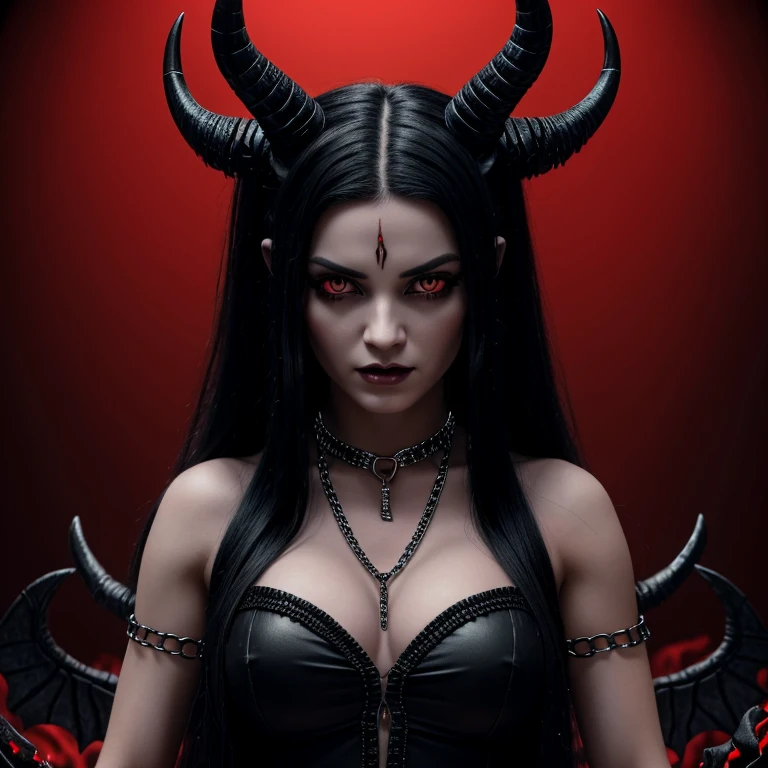 1 Demon woman with horns, black long hair, ultra detailed face and eyes, Eye color red, hyperrealistic, realistic representation, 30 years old, dancing in hell, pretty face, She wears a long black dress decorated with chains, wears high strap boots, in the background you can see demons, full body view