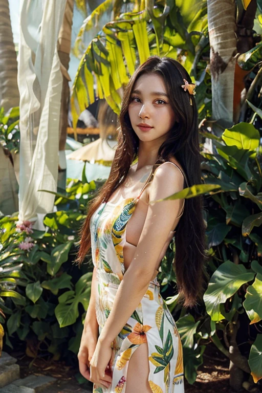 tropical paradise,garden,woman with flowing dark hair,striking green eyes,gracefully standing,lush garden,sunlight,swaying palm trees,warm and inviting glow,flowing white dress,ethereal touch,expressive eyes,vibrant flowers,full bloom,vivid hues,pink,orange,yellow,Butterflies,delicate wings,whimsy,movement,subtle fragrance,tropical blooms,serenity,tranquility,meticulously captured,individual petals,strands of hair,gently caressed by the wind,rich and vibrant,4K resolution,exquisite details,soft and diffused lighting,blend of tropical landscapes and portraiture,lively and joyful atmosphere,vibrant and saturated colors,celebration of life and tranquility,tropical oasis.